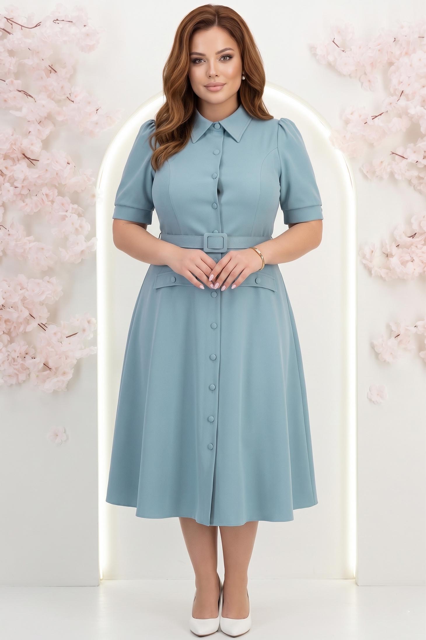 Rochie din stofa turcoaz midi in clos cu accesoriu tip curea si buzunare false- StarShinerS 1 - StarShinerS.ro