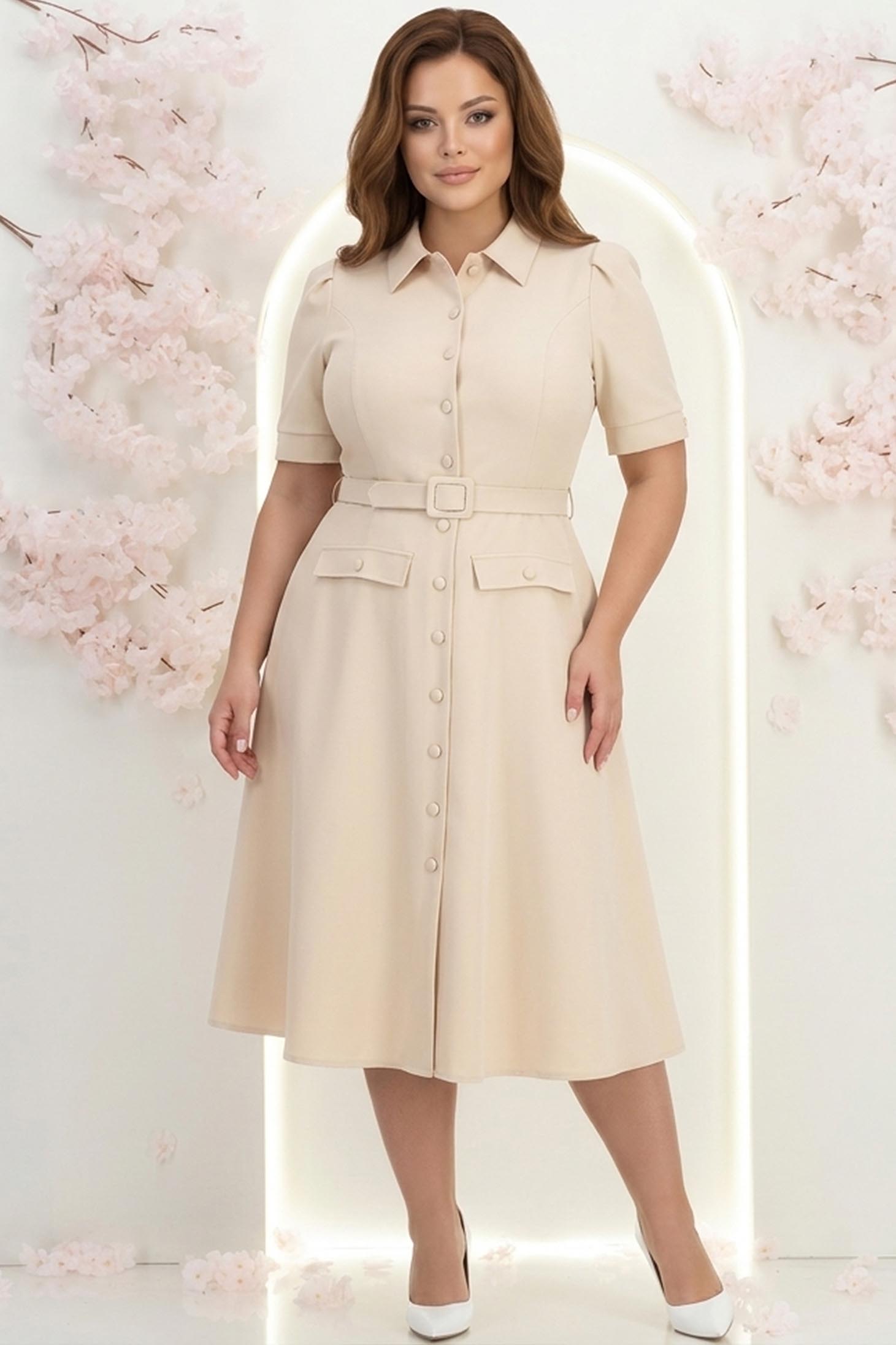 Rochie din stofa elastica crem midi in clos cu accesoriu tip curea si buzunare false - StarShinerS 1 - StarShinerS.ro