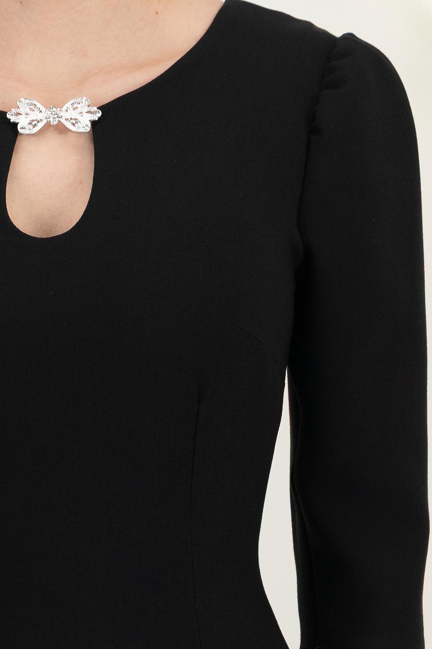 Rochie din stofa premium neagra midi tip creion cu umeri bufanti si accesoriu argintiu- StarShinerS 4 - StarShinerS.ro