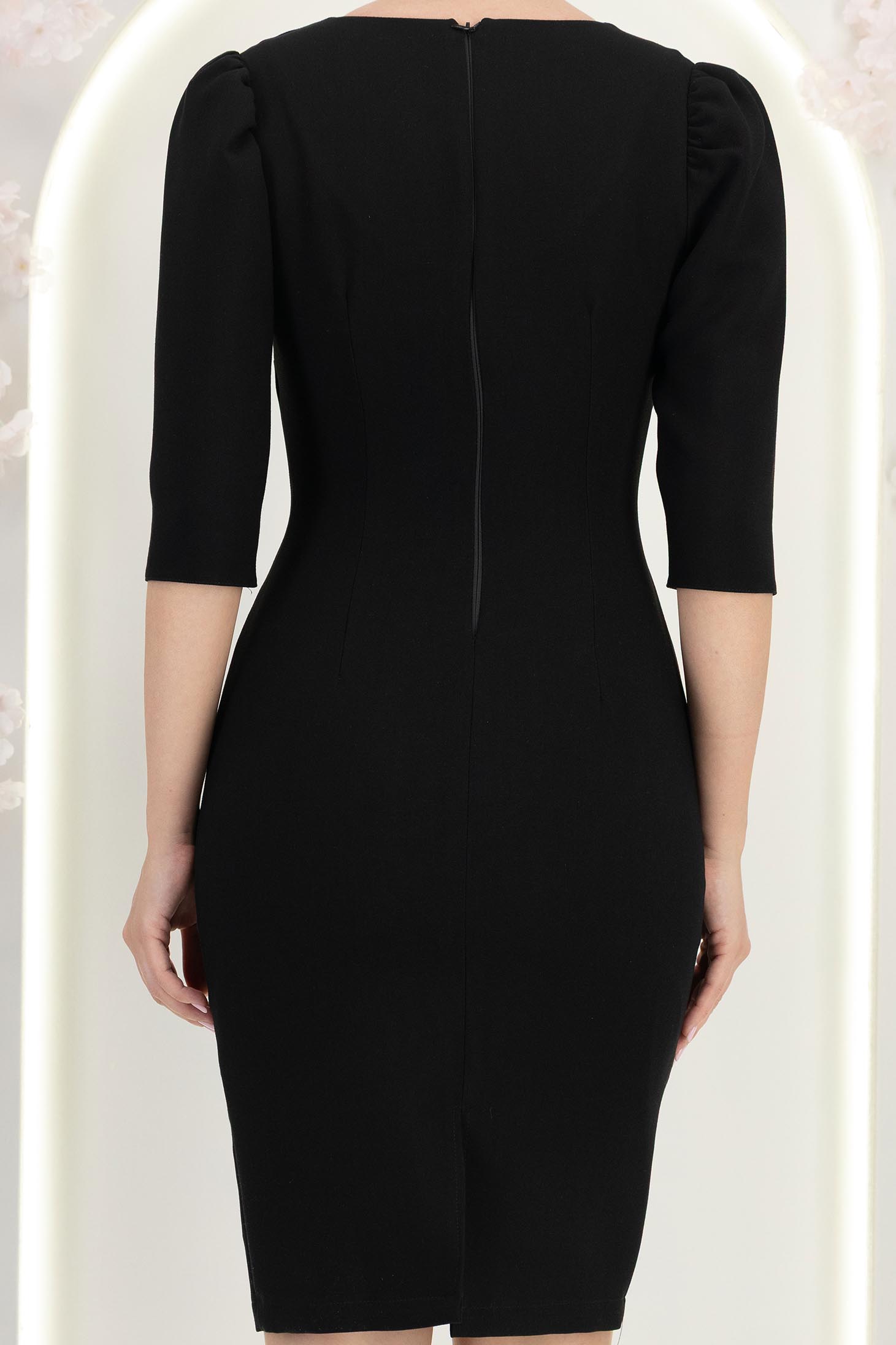 Rochie din stofa premium neagra midi tip creion cu umeri bufanti si accesoriu argintiu- StarShinerS 6 - StarShinerS.ro