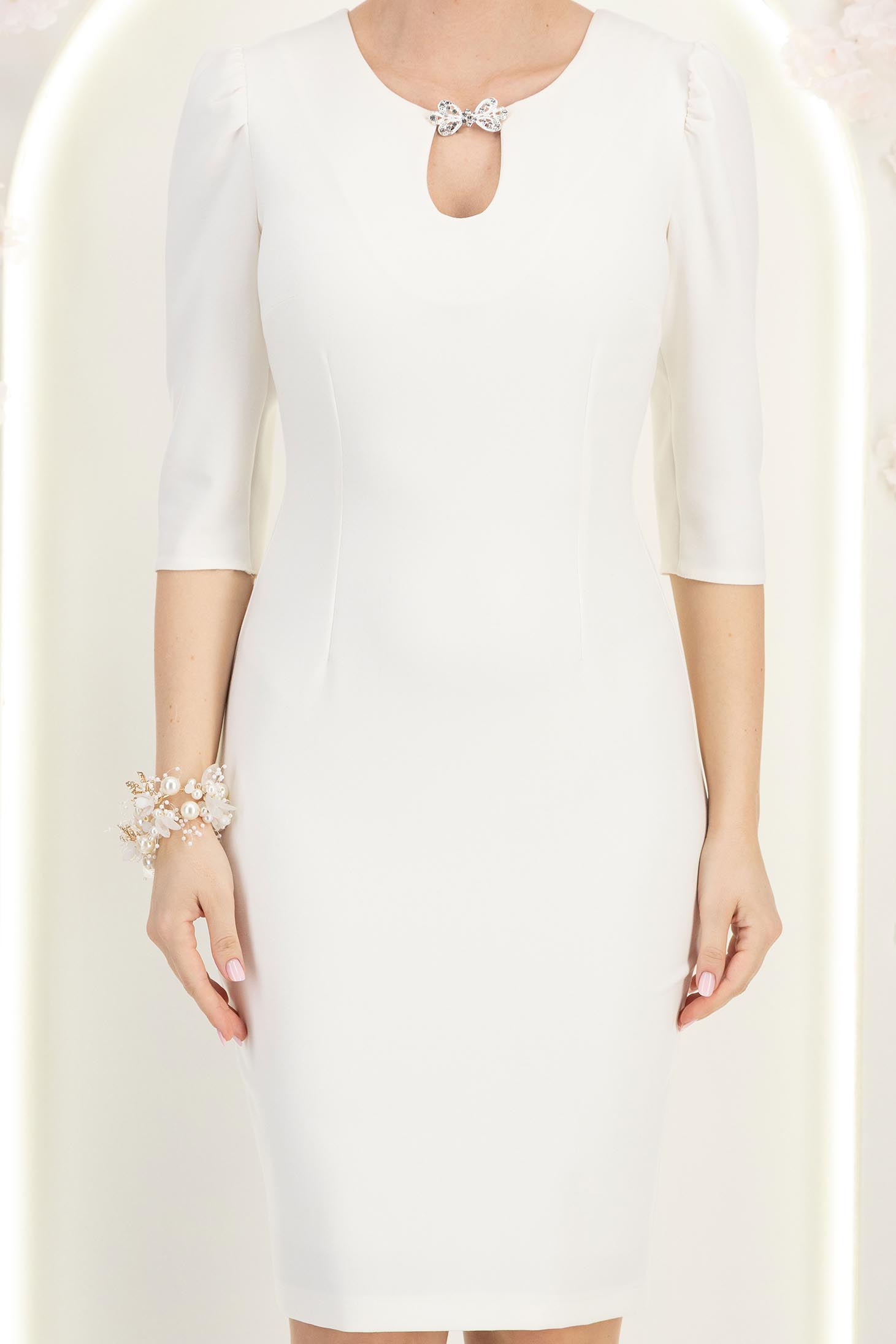 Rochie din stofa premium ivoire midi tip creion cu umeri bufanti si accesoriu argintiu- StarShinerS 6 - StarShinerS.ro