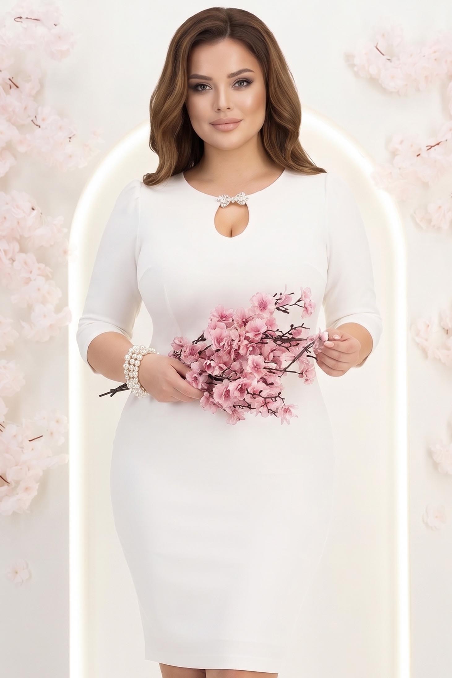 Rochie din stofa premium ivoire midi tip creion cu umeri bufanti si accesoriu argintiu- StarShinerS 1 - StarShinerS.ro