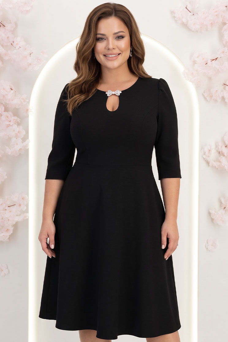 Rochie din stofa premium neagra midi in clos cu accesoriu argintiu  - StarShinerS 1 - StarShinerS.ro