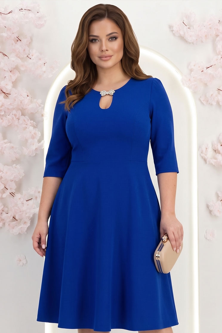 Rochie din stofa premium albastra midi in clos cu accesoriu argintiu - StarShinerS 1 - StarShinerS.ro
