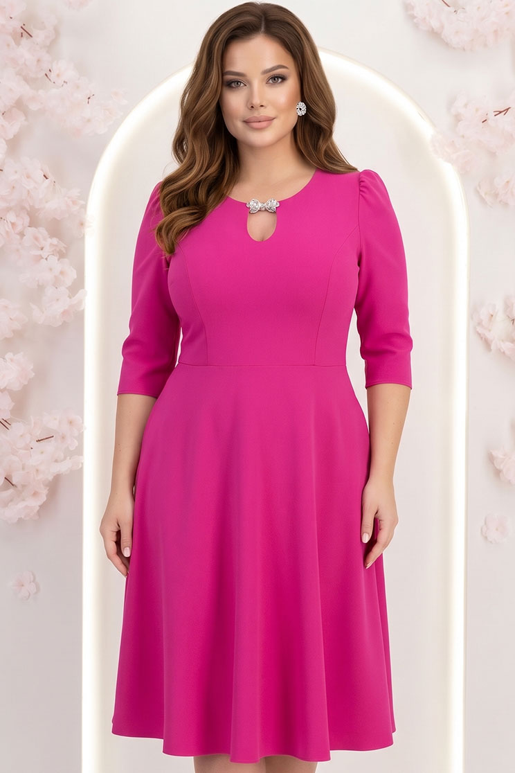 Rochie din stofa premium  fuchsia midi in clos cu accesoriu argintiu  - StarShinerS 1 - StarShinerS.ro