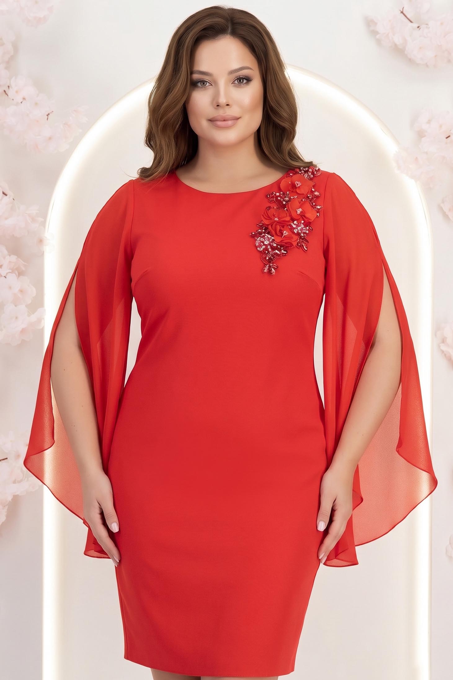 Rochie din stofa rosie cu un croi drept si maneci tip fluture din voal cu aplicatii pe umeri - StarShinerS 1 - StarShinerS.ro