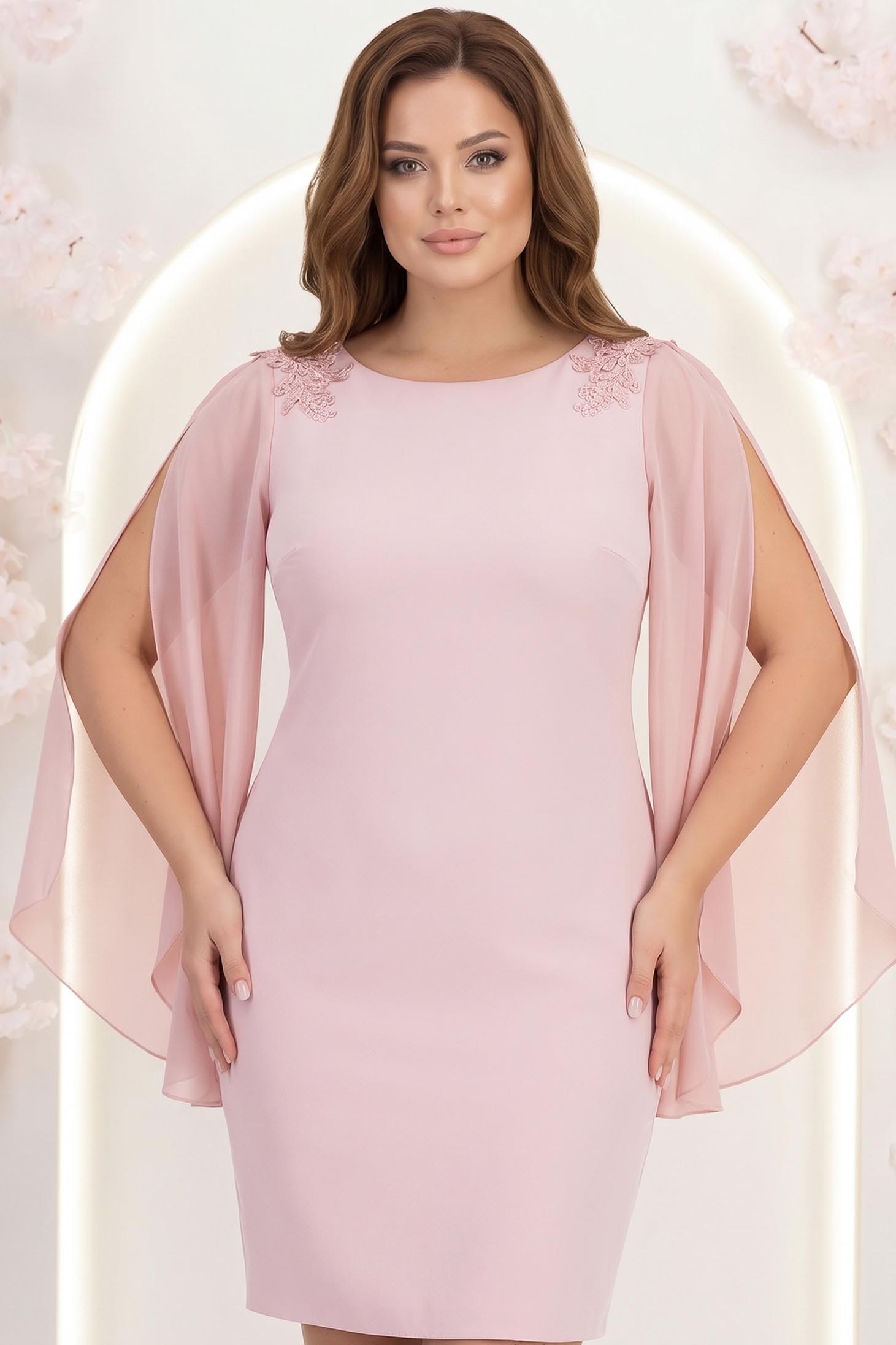 Rochie din stofa roz pudra cu un croi drept si maneci tip fluture din voal cu aplicatii pe umeri - StarShinerS 1 - StarShinerS.ro