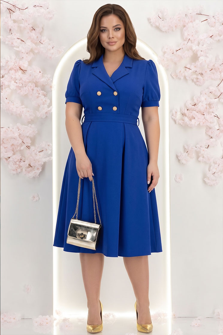 Rochie din stofa albastra midi in clos accesorizata cu nasturi decorativi aurii - StarShinerS 2 - StarShinerS.ro