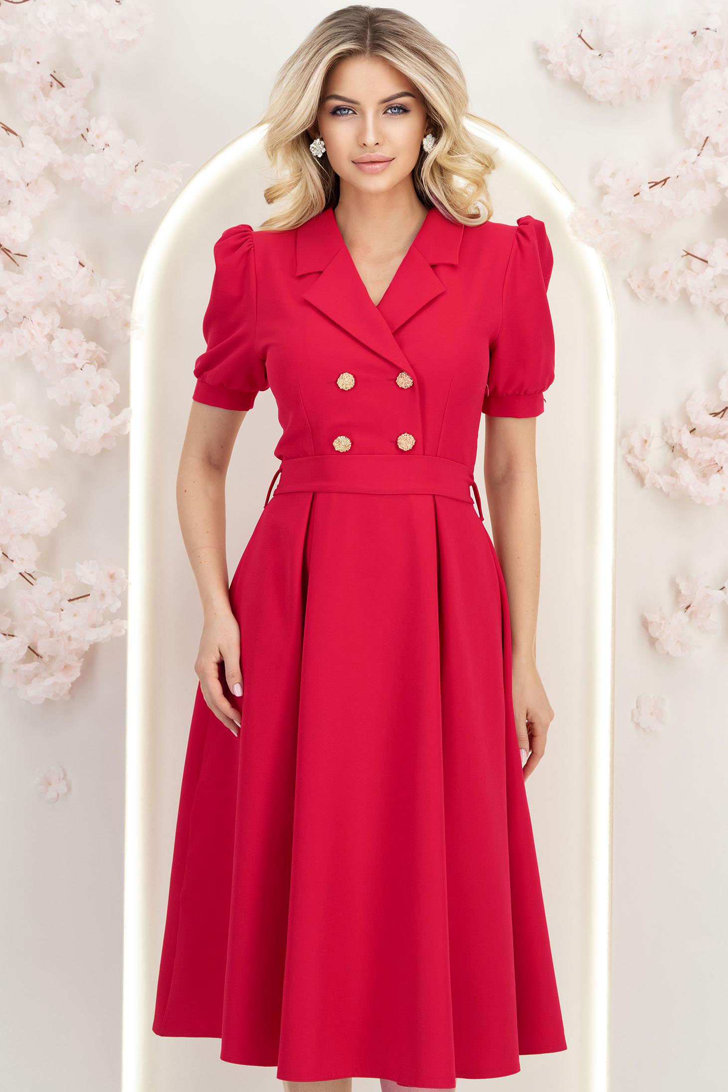 Rochie din stofa fuchsia midi in clos accesorizata cu nasturi decorativi aurii - StarShinerS 2 - StarShinerS.ro