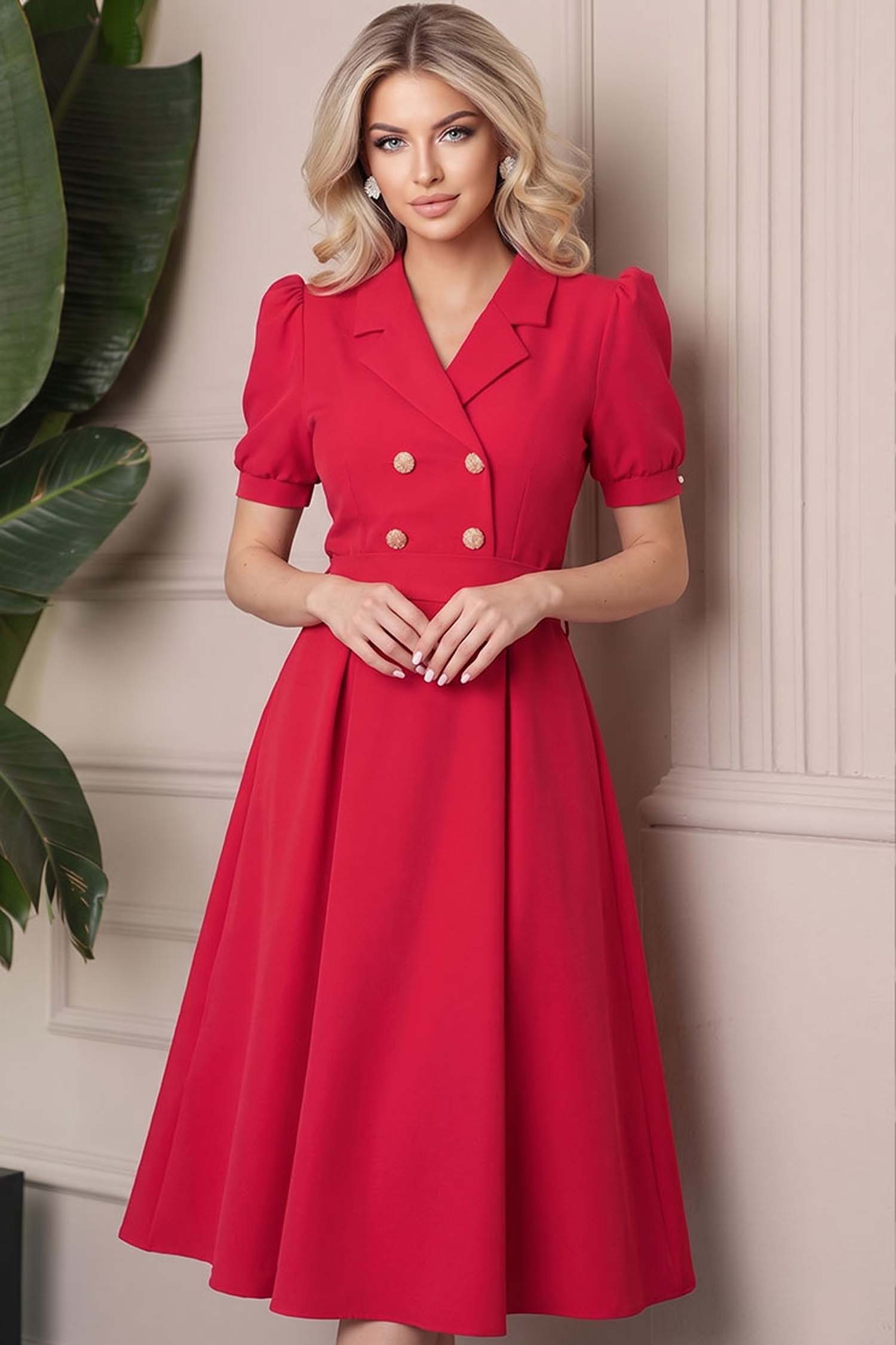 StarShinerS.ro Rochie din stofa fuchsia midi in clos accesorizata cu nasturi decorativi aurii - StarShinerS