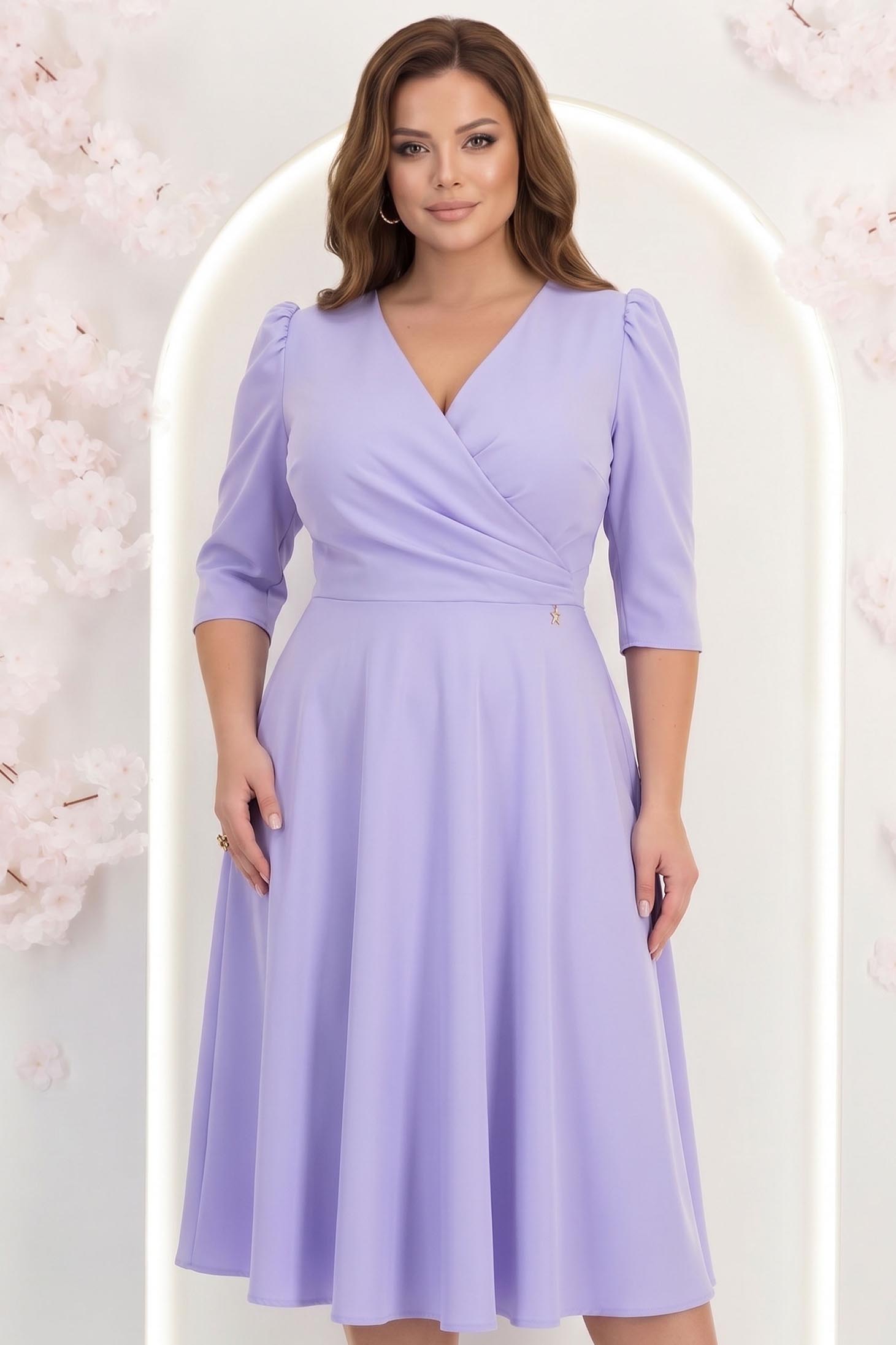 Rochie din material satinat lila albastra midi in clos cu umeri bufanti- StarShinerS 1 - StarShinerS.ro