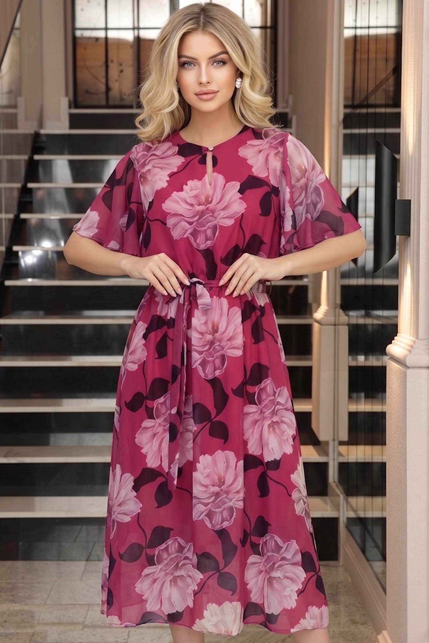 StarShinerS.ro Rochie din material fluid roz midi in clos cu elastic in talie si cordon detasabil