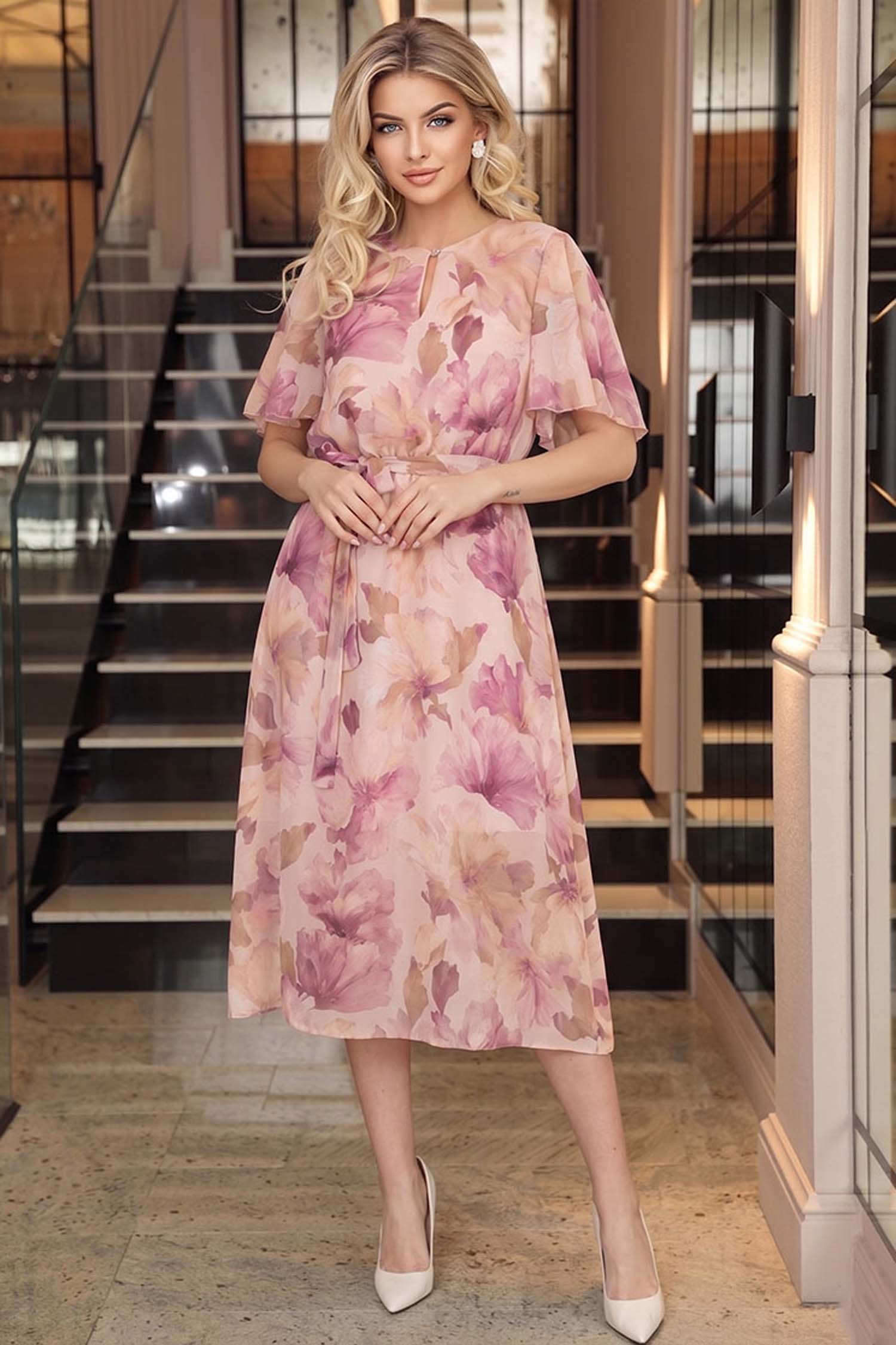 StarShinerS.ro Rochie din material fluid roz pudra midi in clos cu elastic in talie si cordon detasabil