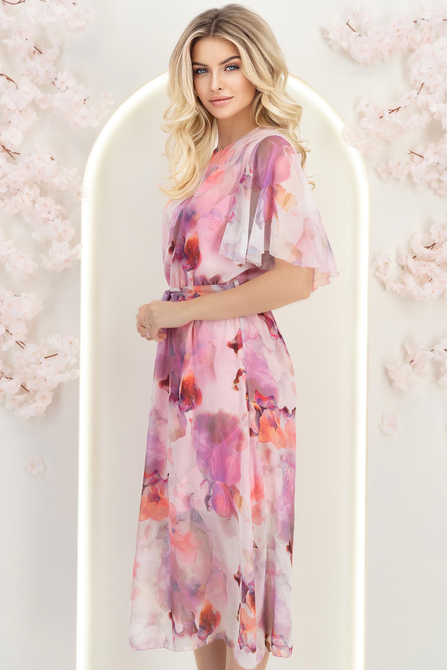 Rochie din material fluid roz deschis midi in clos cu elastic in talie si cordon detasabil 3 - StarShinerS.ro