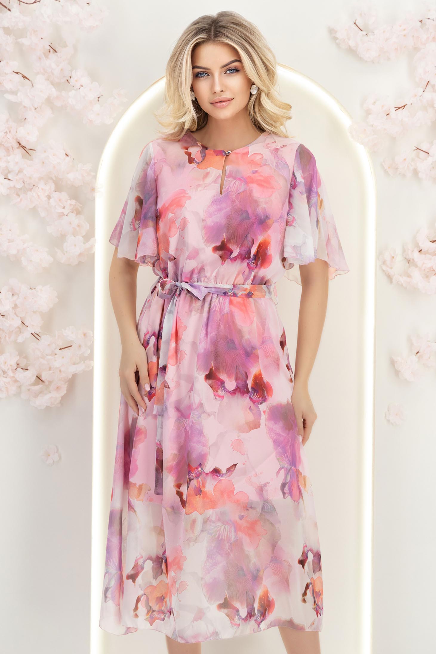 Rochie din material fluid roz deschis midi in clos cu elastic in talie si cordon detasabil 2 - StarShinerS.ro