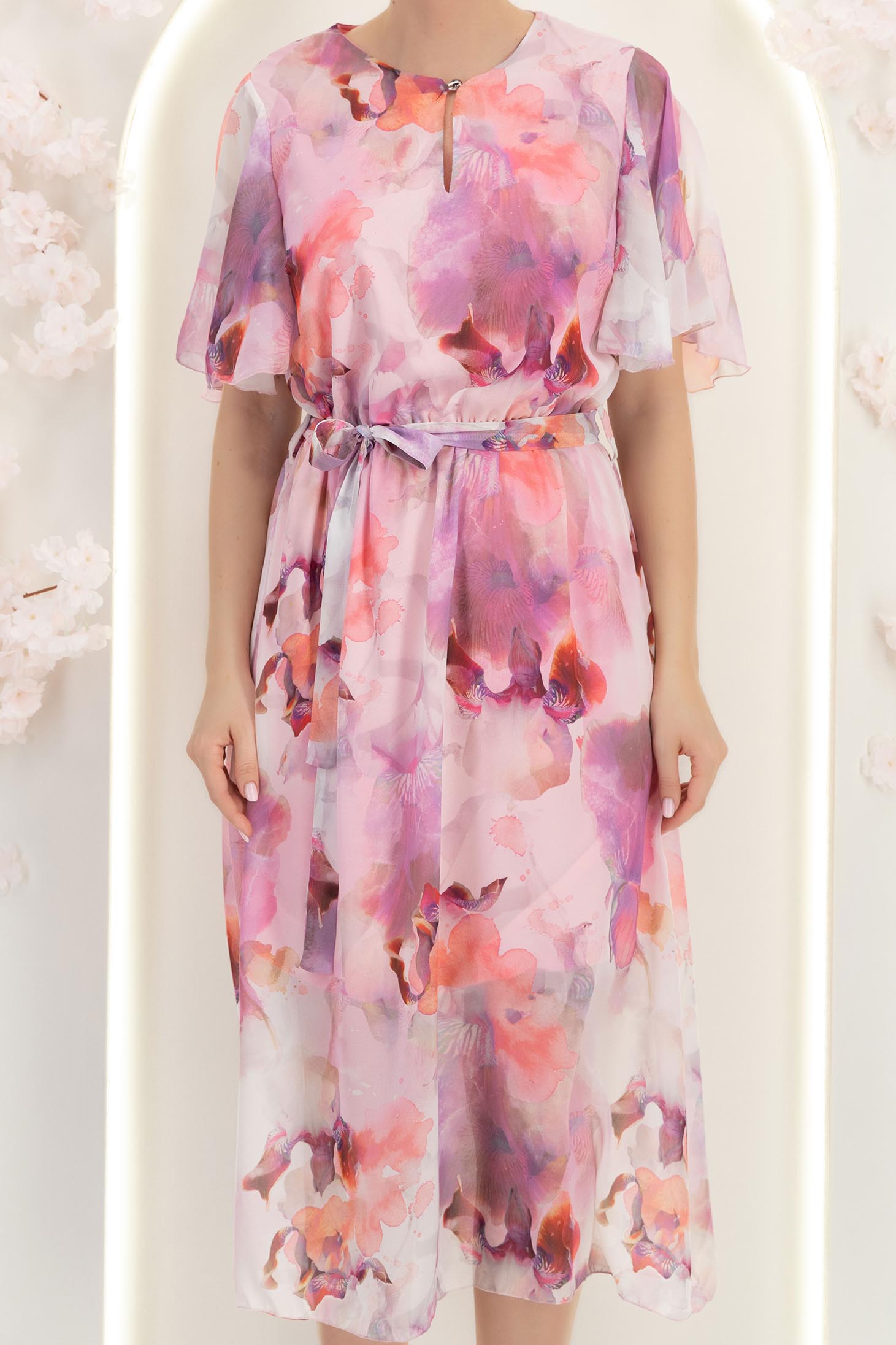 Rochie din material fluid roz deschis midi in clos cu elastic in talie si cordon detasabil 6 - StarShinerS.ro