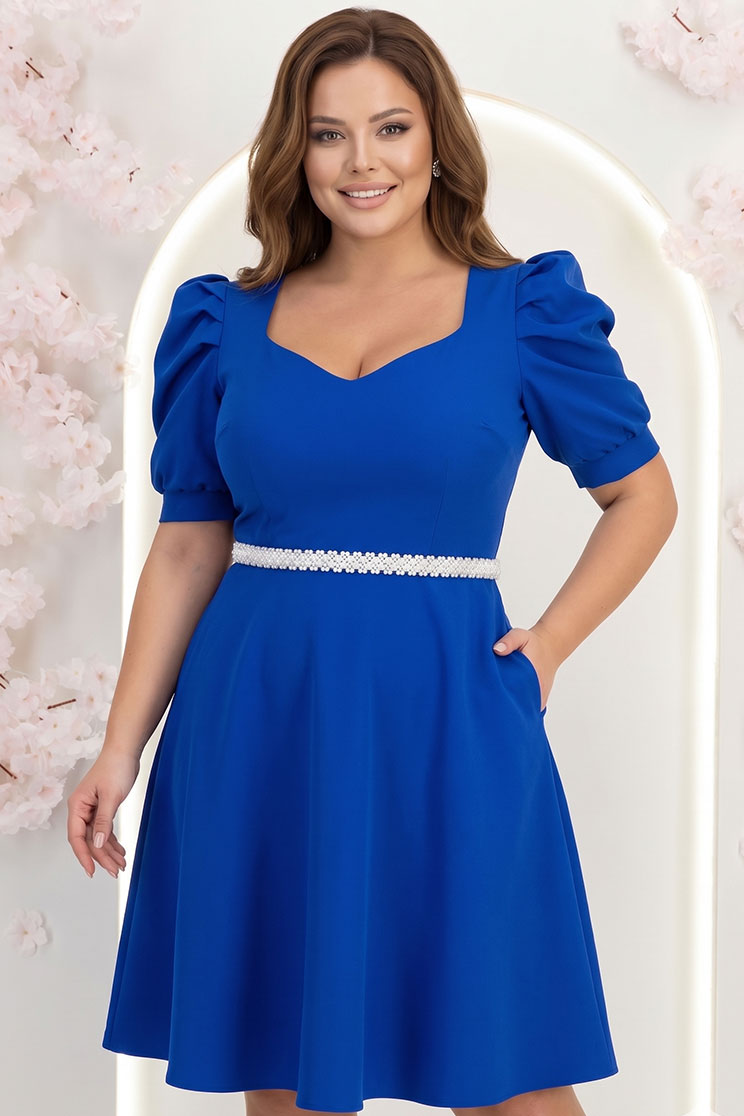 Rochie albastra până la genunchi in clos accesorizata cu cordon cu perle detasabil- StarShinerS 1 - StarShinerS.ro