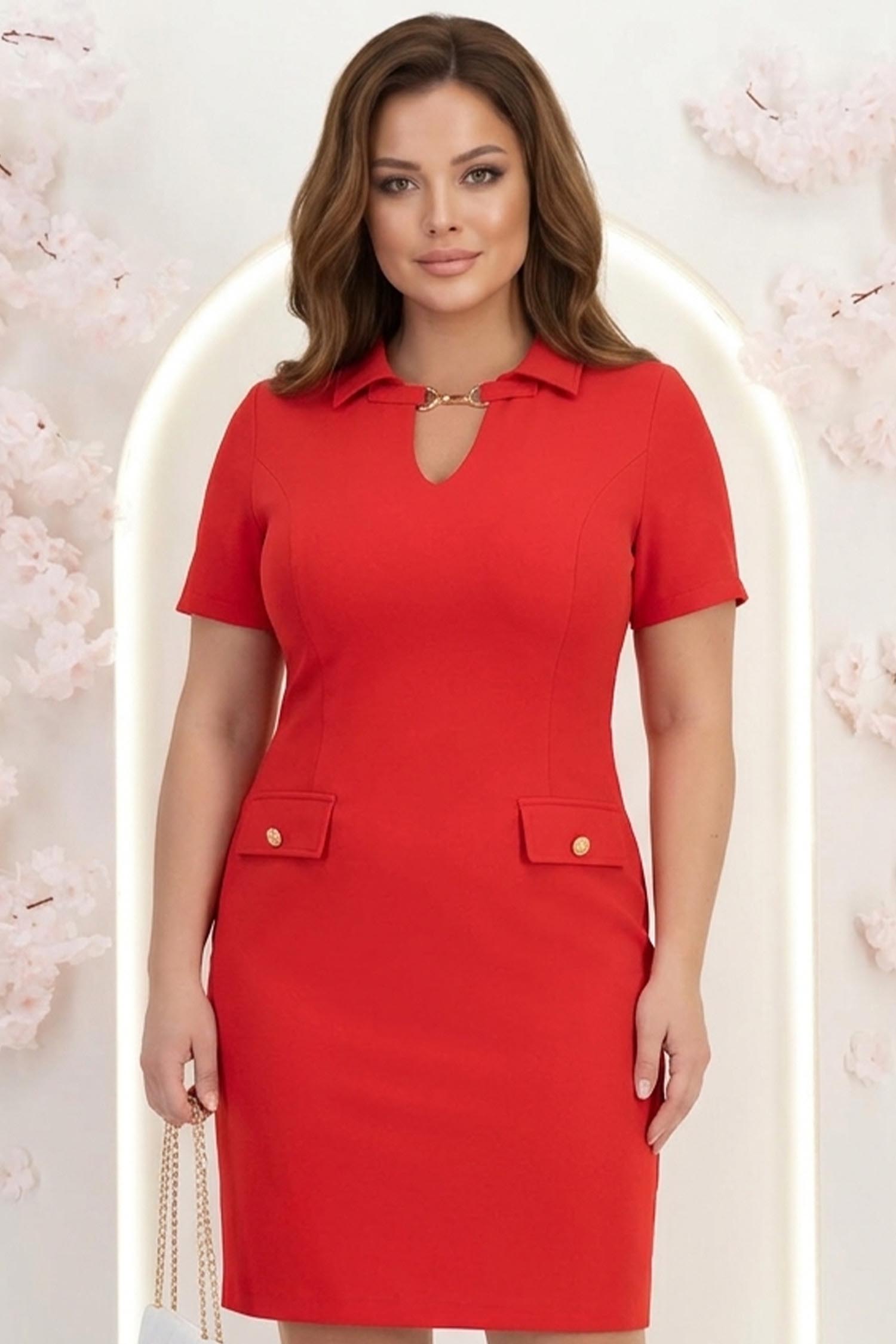 Rochie din stofa rosie scurta tip creion cu buzunare false - StarShinerS 1 - StarShinerS.ro