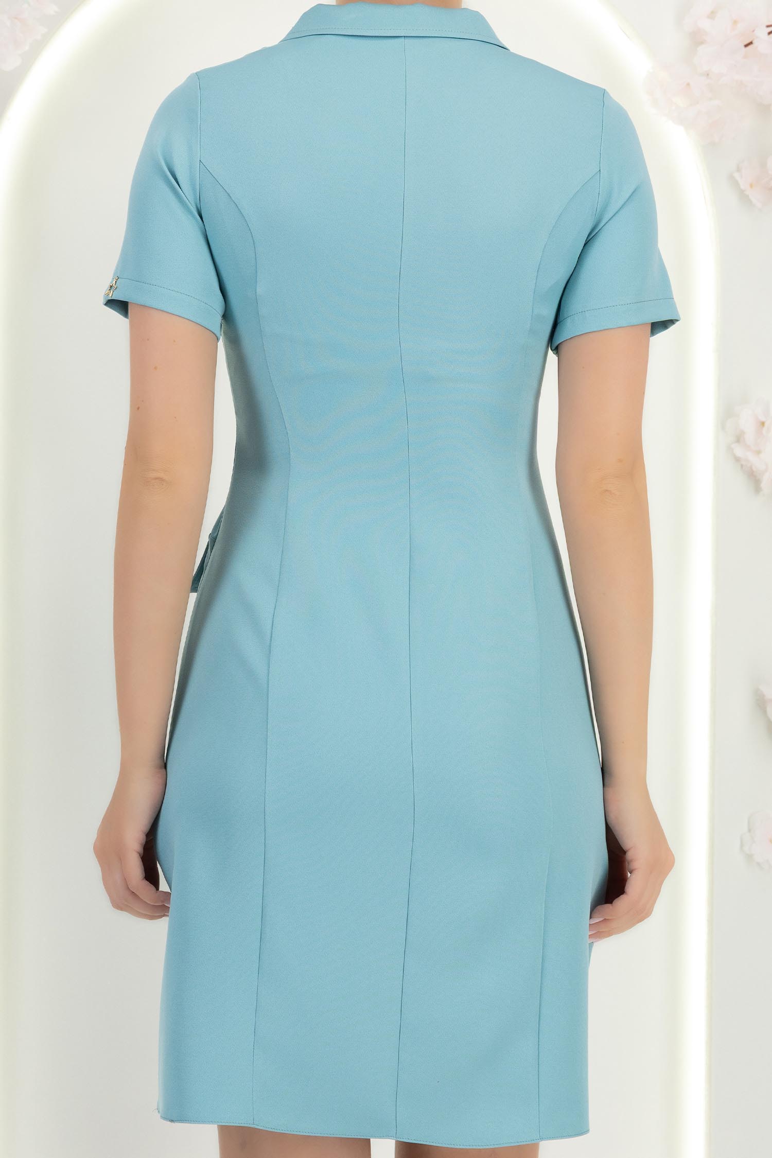 Rochie din stofa turcoaz scurta tip creion cu buzunare false 6 - StarShinerS.ro