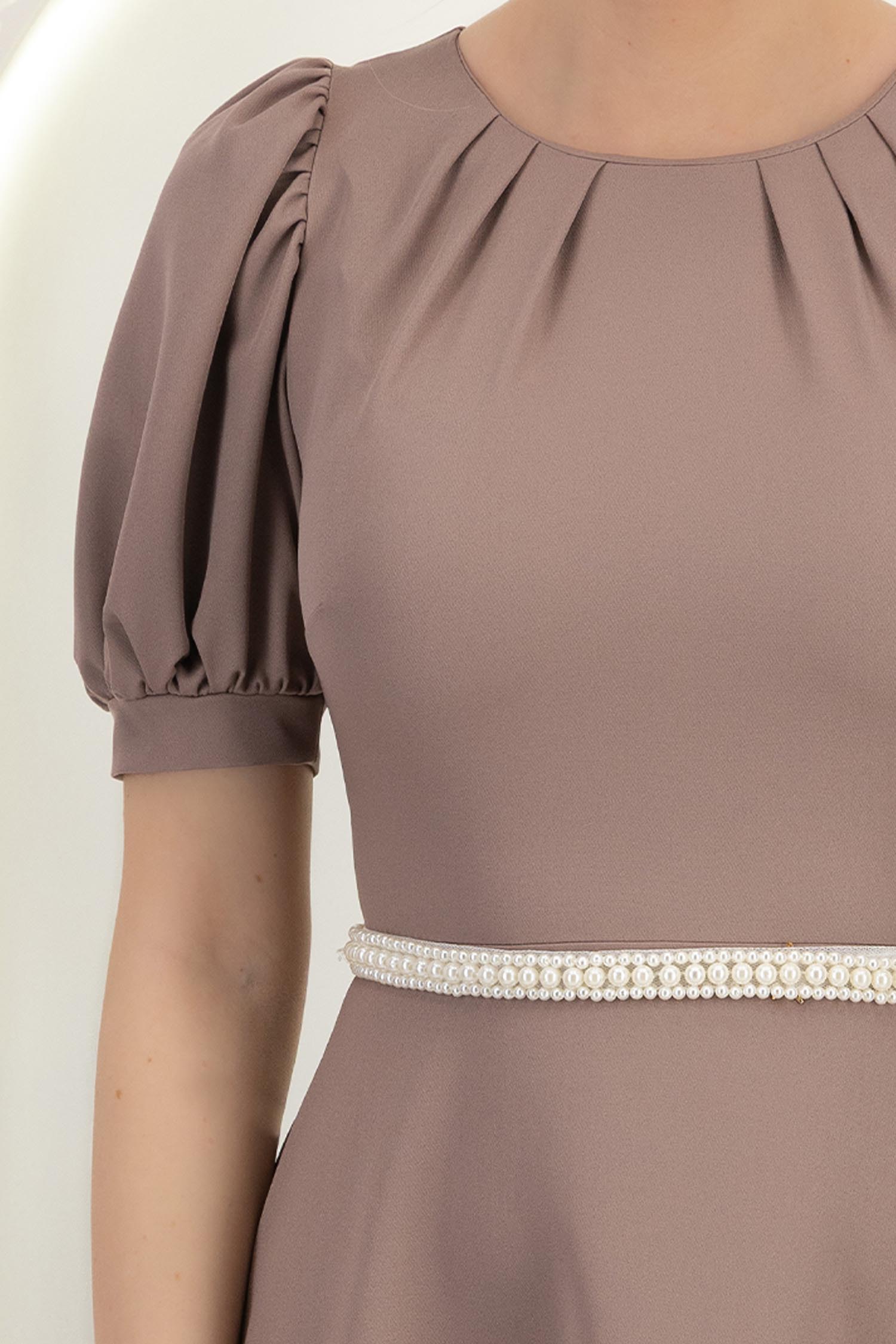 Rochie din stofa mocha midi in clos cu cordon cu perle - StarShinerS 4 - StarShinerS.ro