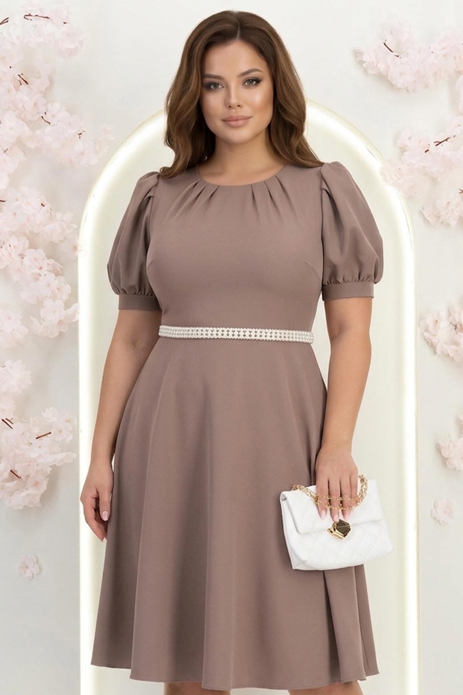 Rochie din stofa mocha midi in clos cu cordon cu perle - StarShinerS 1 - StarShinerS.ro