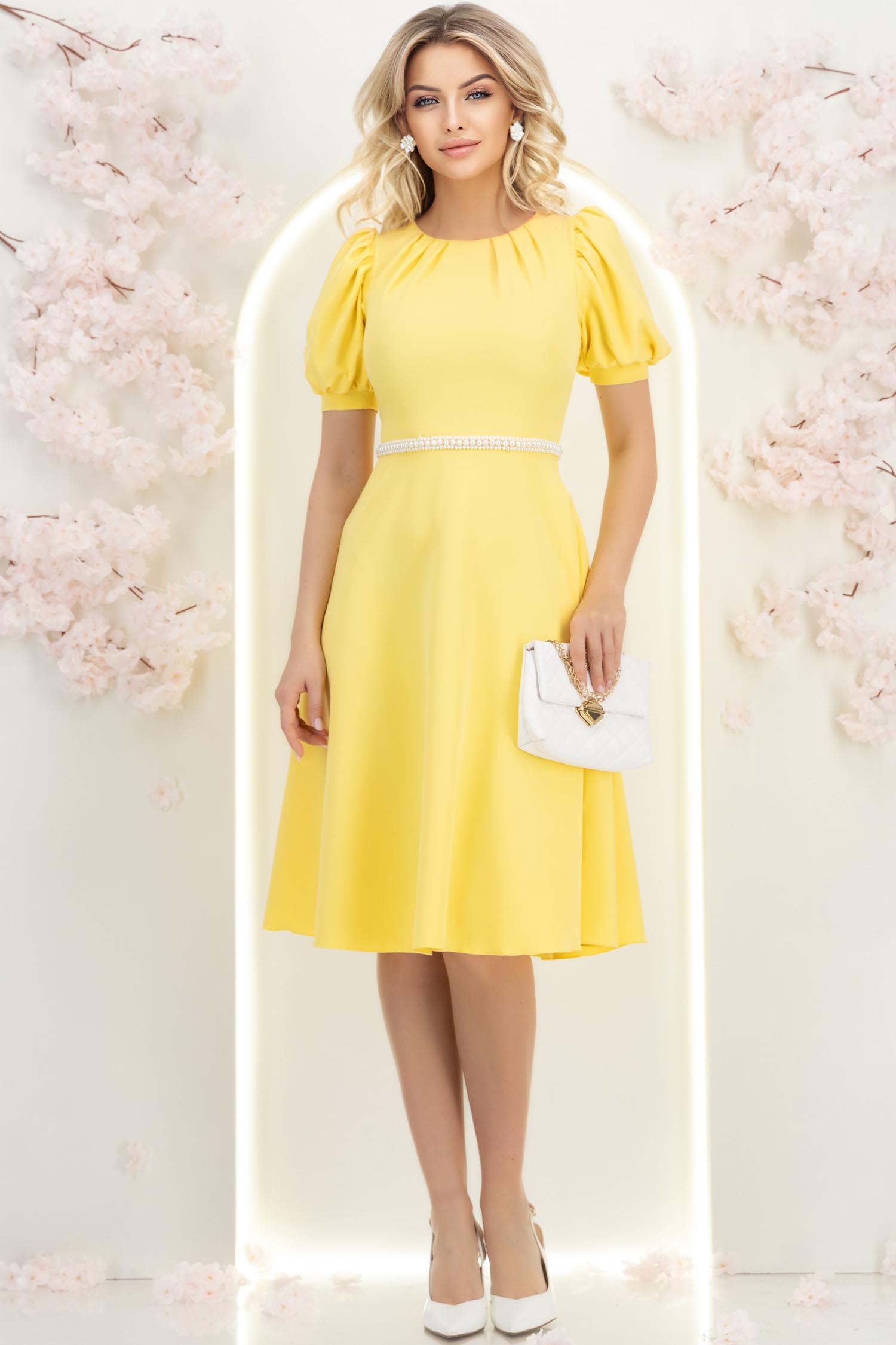 Rochie din stofa galbena midi in clos cu cordon cu perle - StarShinerS 4 - StarShinerS.ro