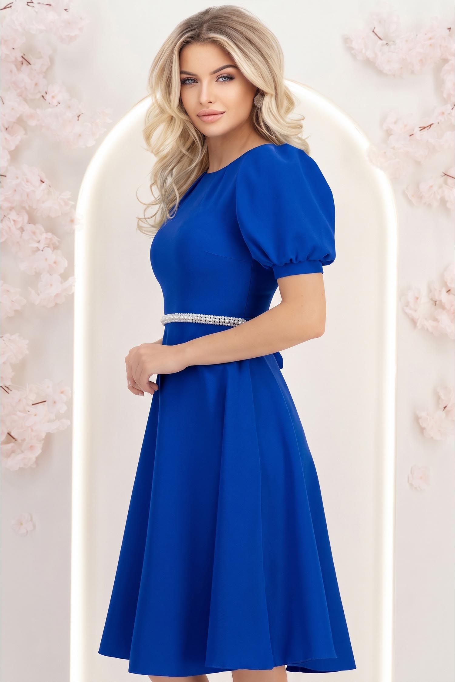 Rochie din stofa albastra midi in clos cu cordon cu perle - StarShinerS 2 - StarShinerS.ro