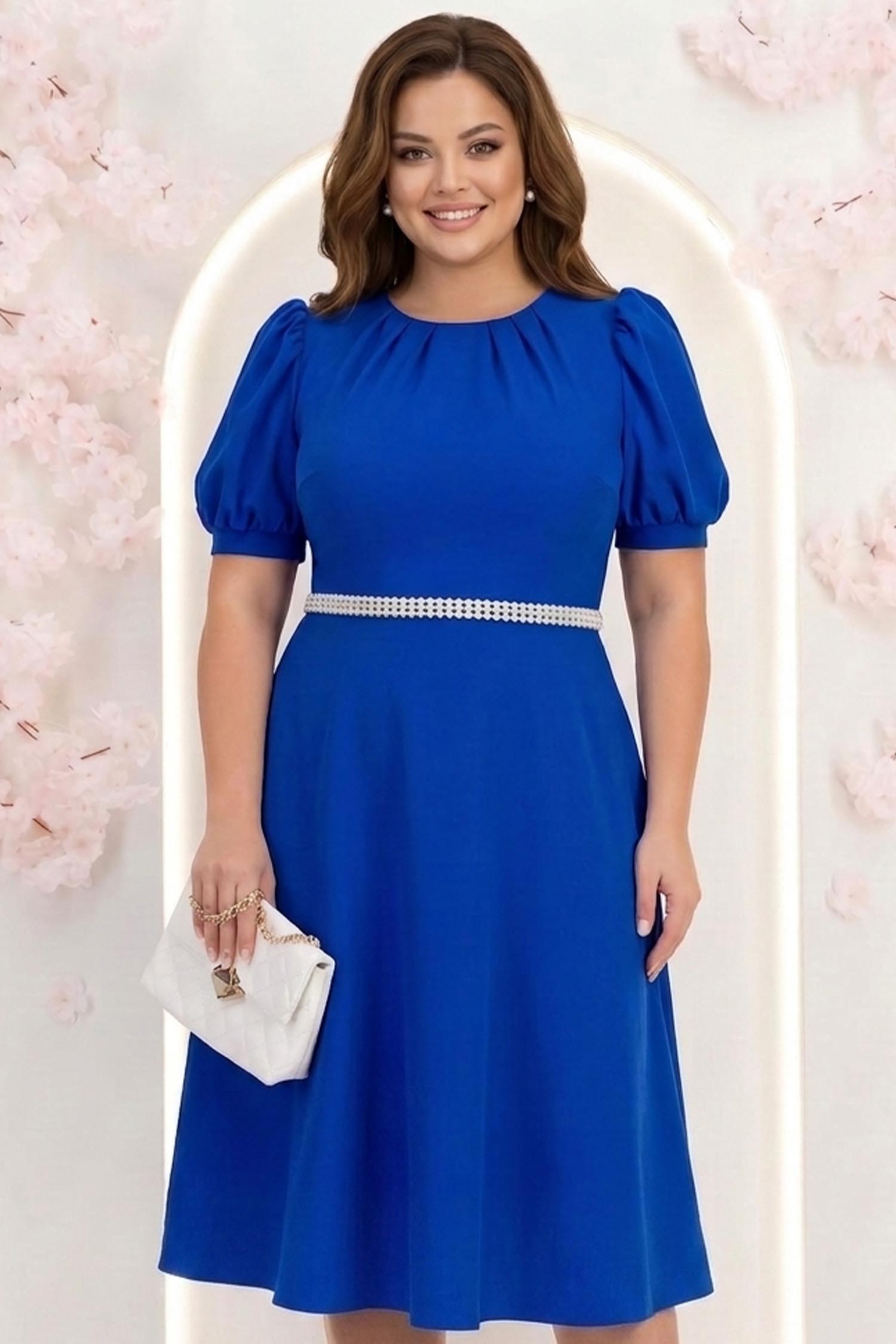 Rochie din stofa albastra midi in clos cu cordon cu perle - StarShinerS 1 - StarShinerS.ro
