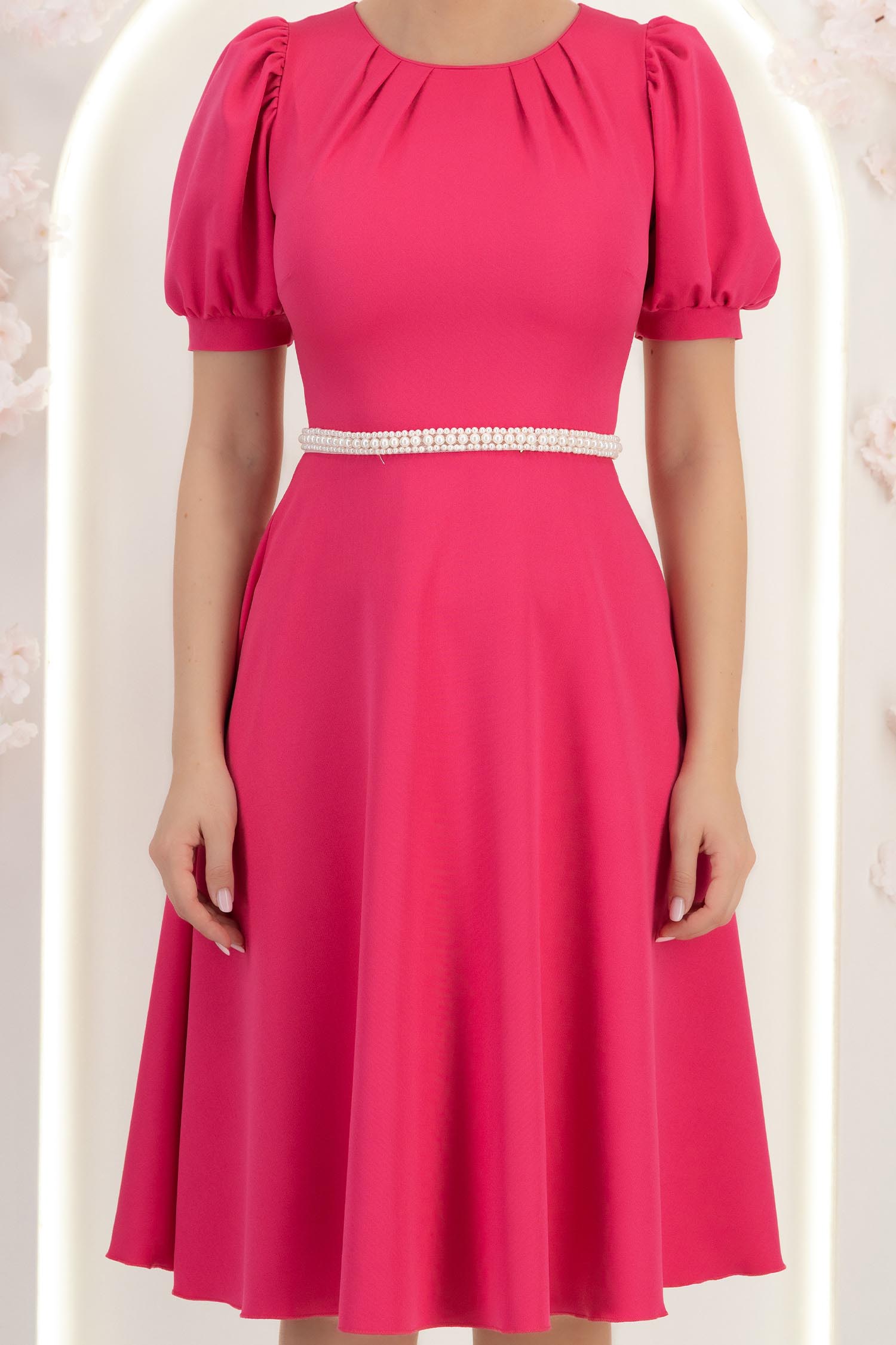 Rochie din stofa fuchsia midi in clos cu cordon cu perle - StarShinerS 5 - StarShinerS.ro