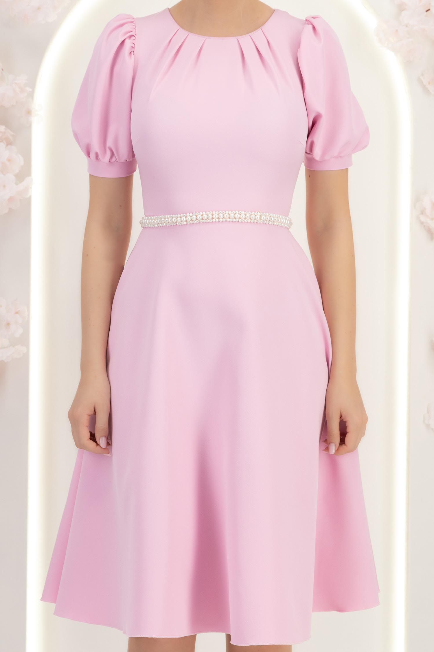 Rochie din stofa roz deschis midi in clos cu cordon cu perle - StarShinerS 5 - StarShinerS.ro