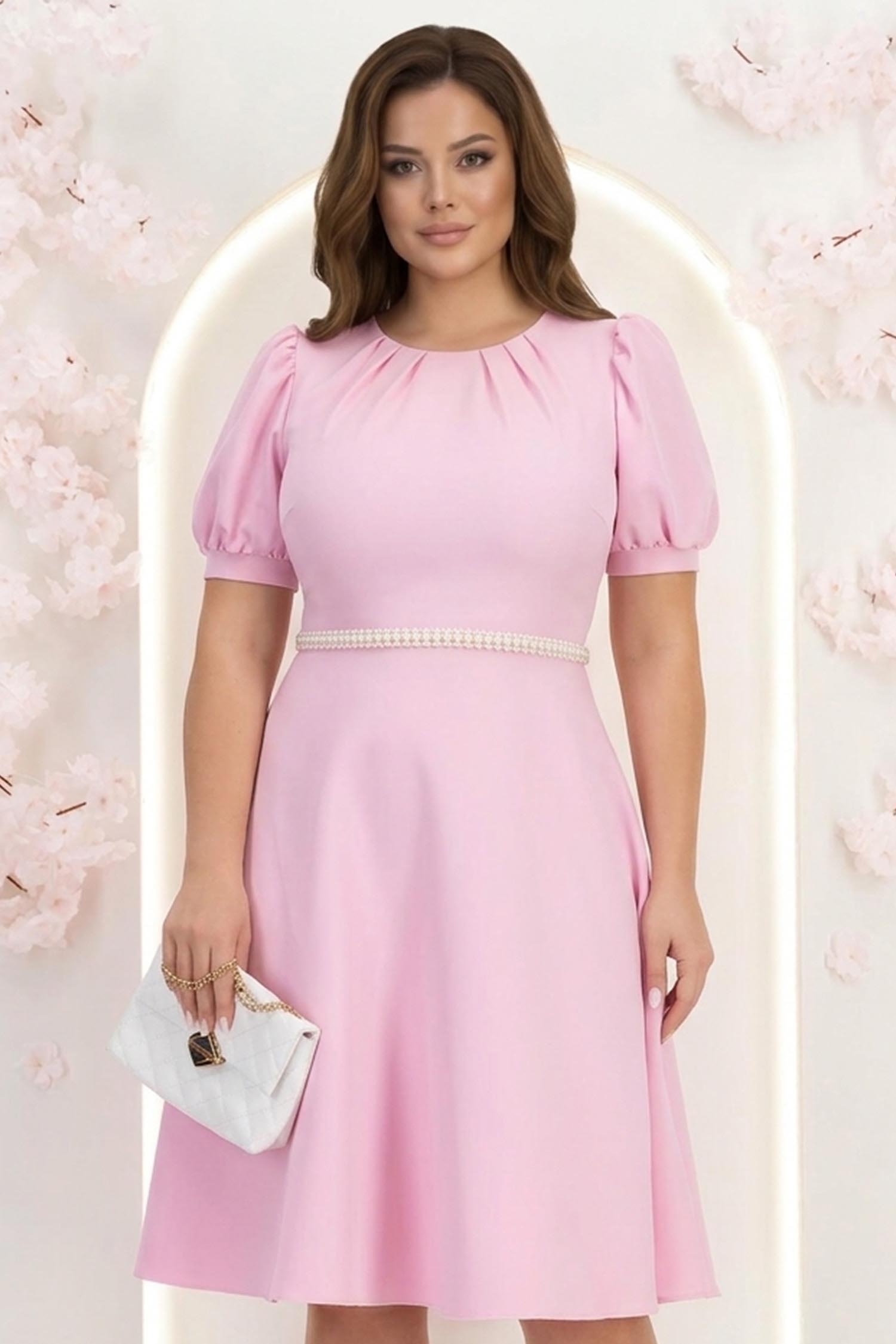 Rochie din stofa roz deschis midi in clos cu cordon cu perle - StarShinerS 1 - StarShinerS.ro
