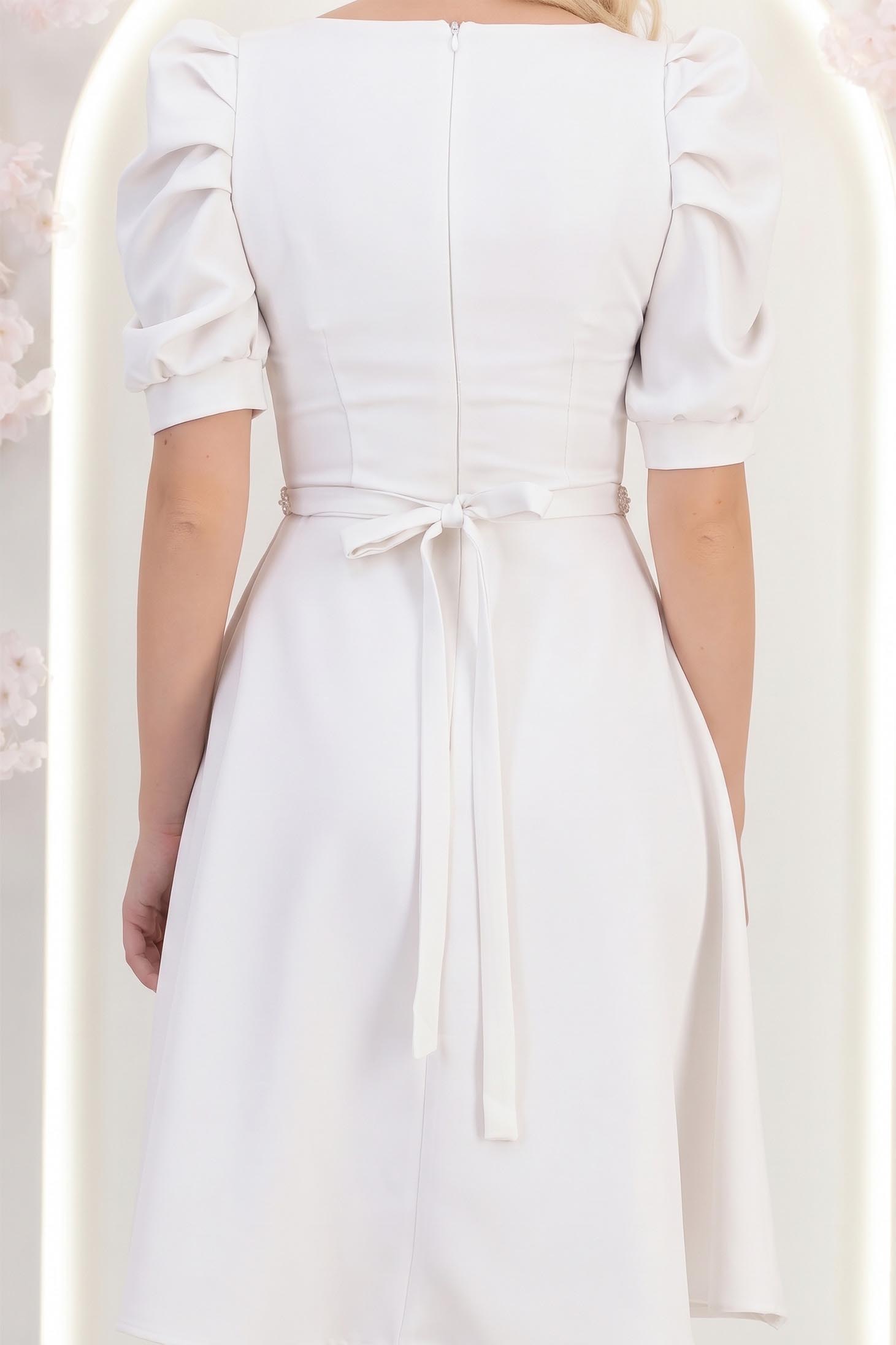 Rochie din stofa alba până la genunchi in clos accesorizata cu cordon cu perle detasabil- StarShinerS 4 - StarShinerS.ro