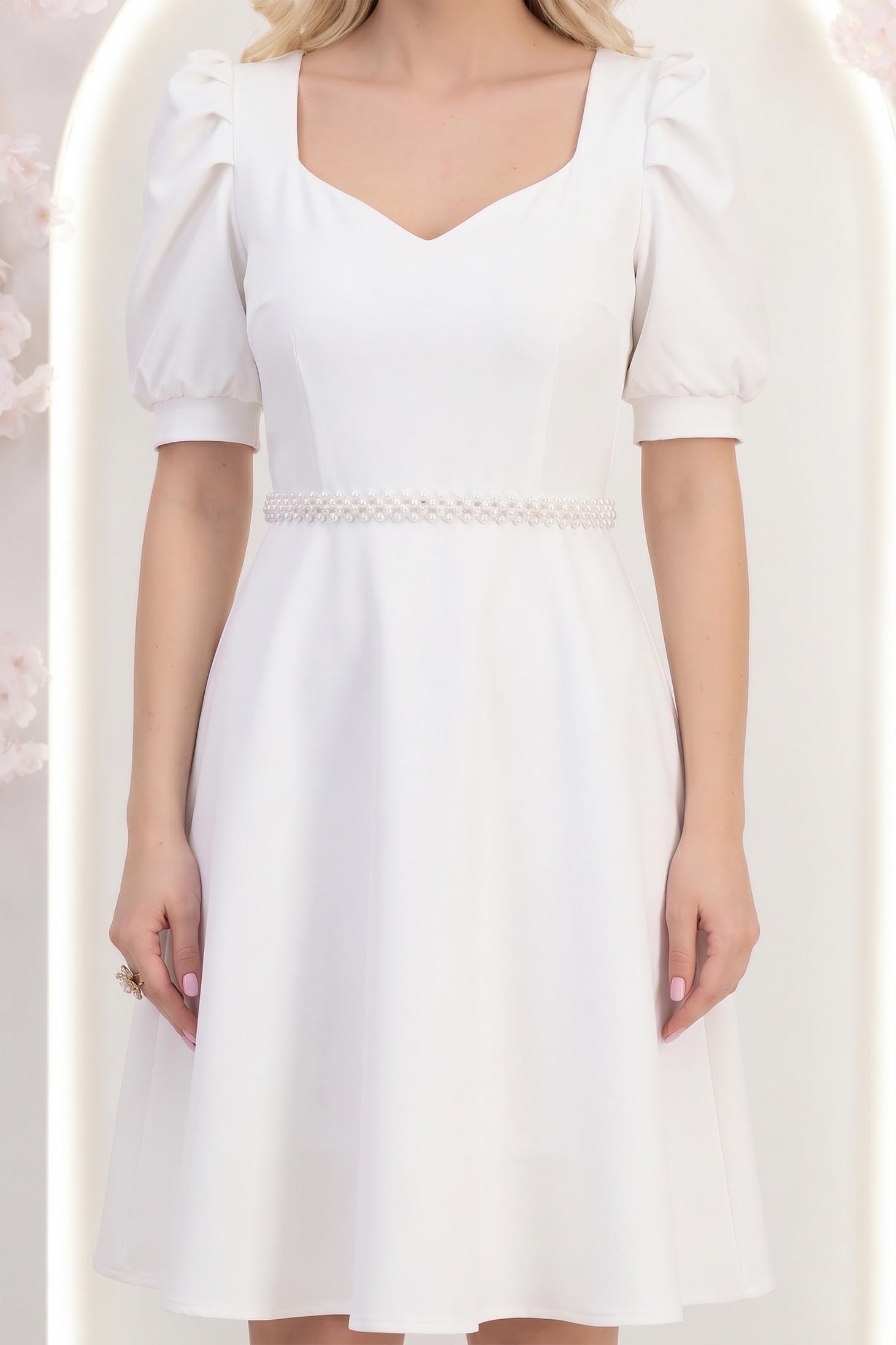 Rochie din stofa alba până la genunchi in clos accesorizata cu cordon cu perle detasabil- StarShinerS 3 - StarShinerS.ro