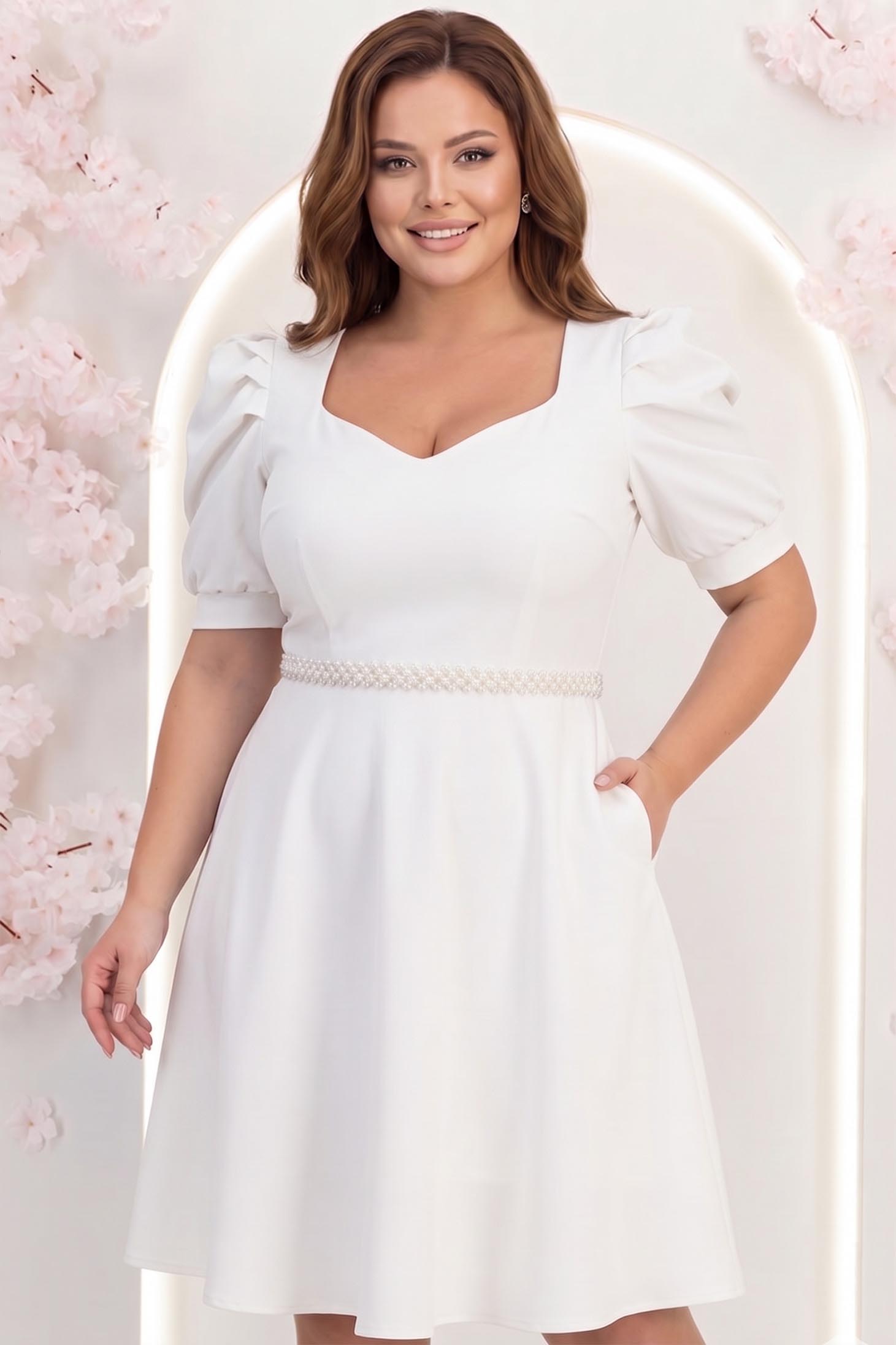 Rochie alba până la genunchi in clos accesorizata cu cordon cu perle detasabil- StarShinerS 1 - StarShinerS.ro