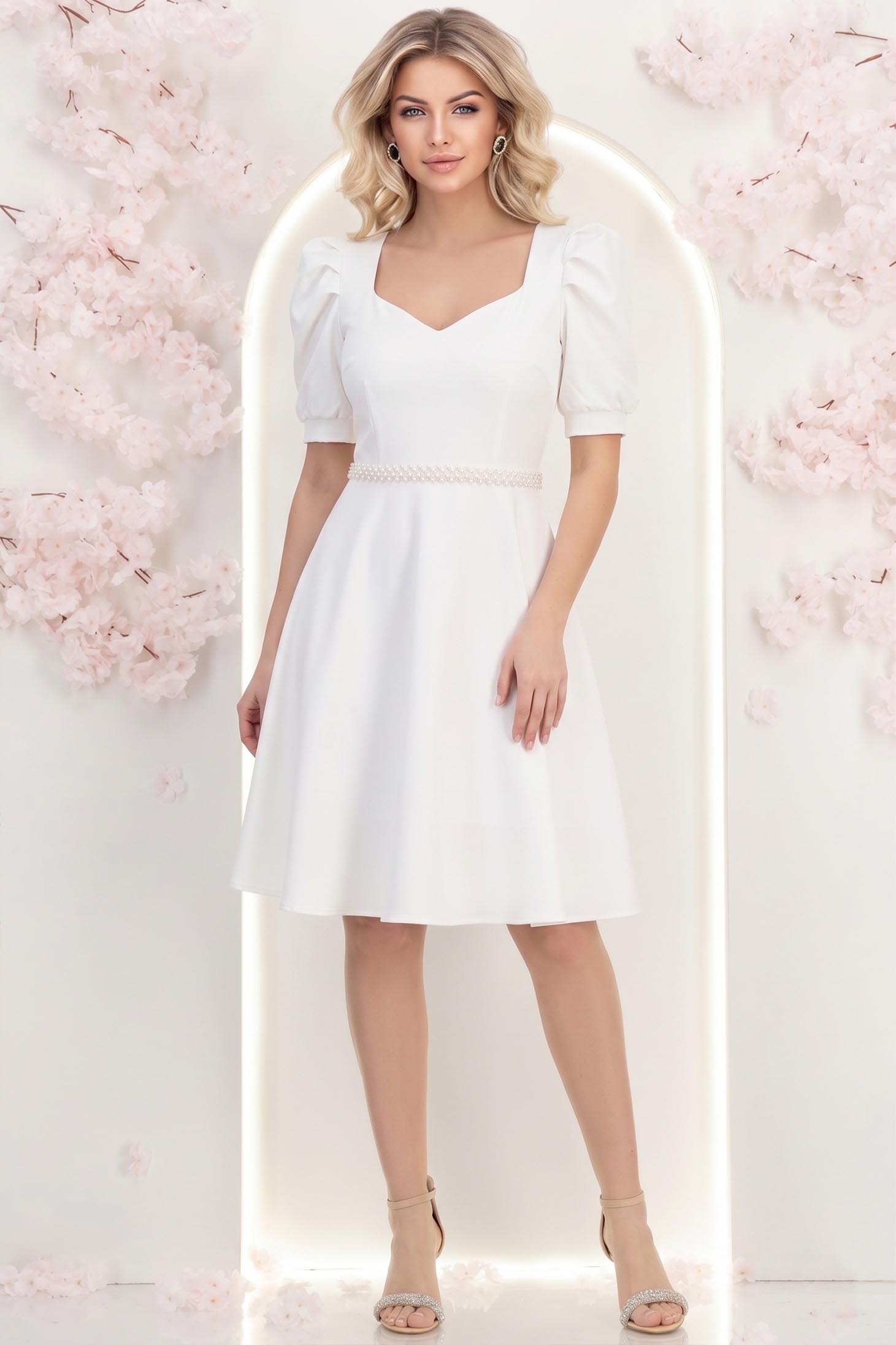 StarShinerS.ro Rochie din stofa alba până la genunchi in clos accesorizata cu cordon cu perle detasabil- StarShinerS