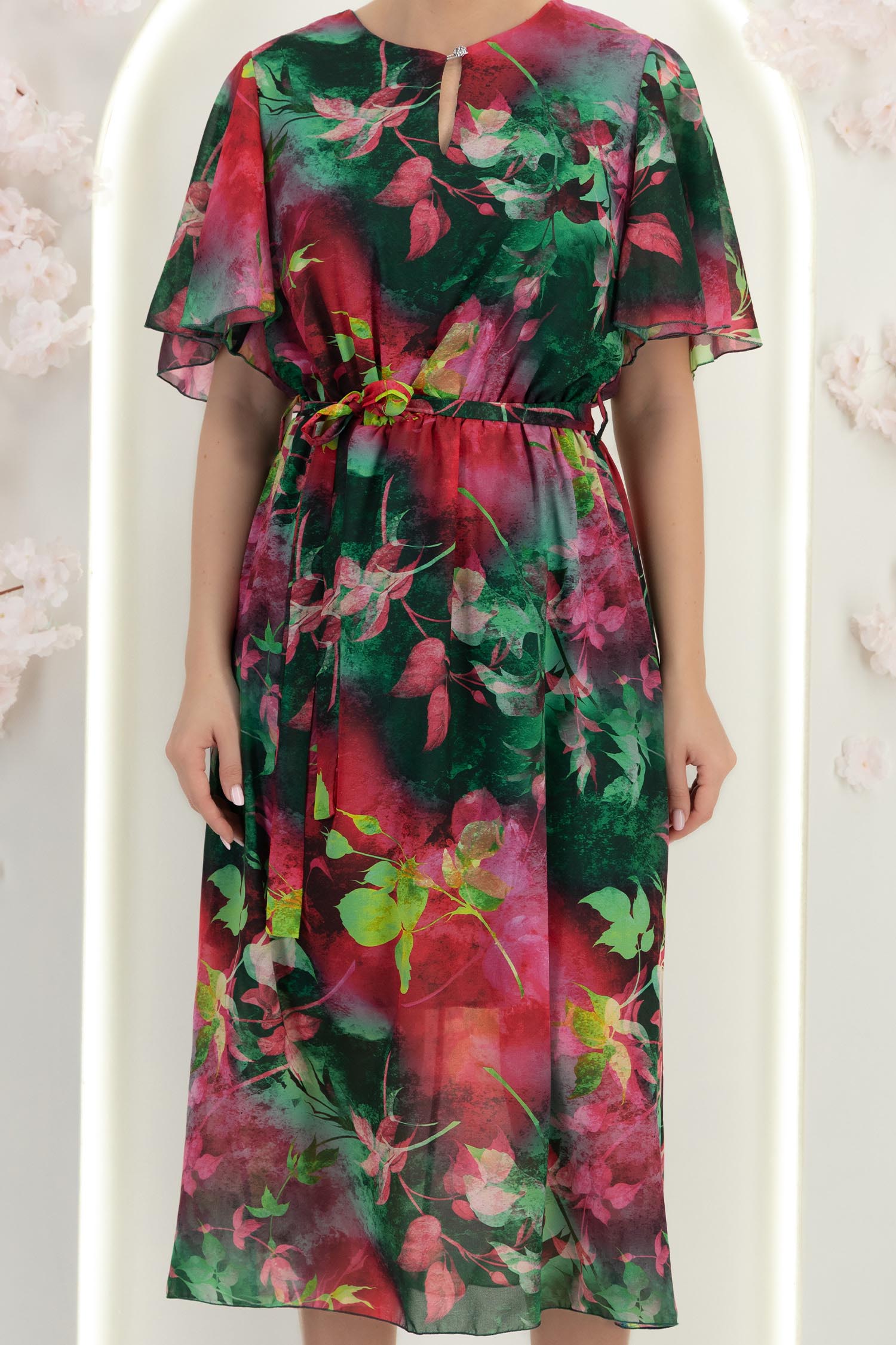 Rochie din material fluid verde midi in clos cu elastic in talie si cordon detasabil 5 - StarShinerS.ro