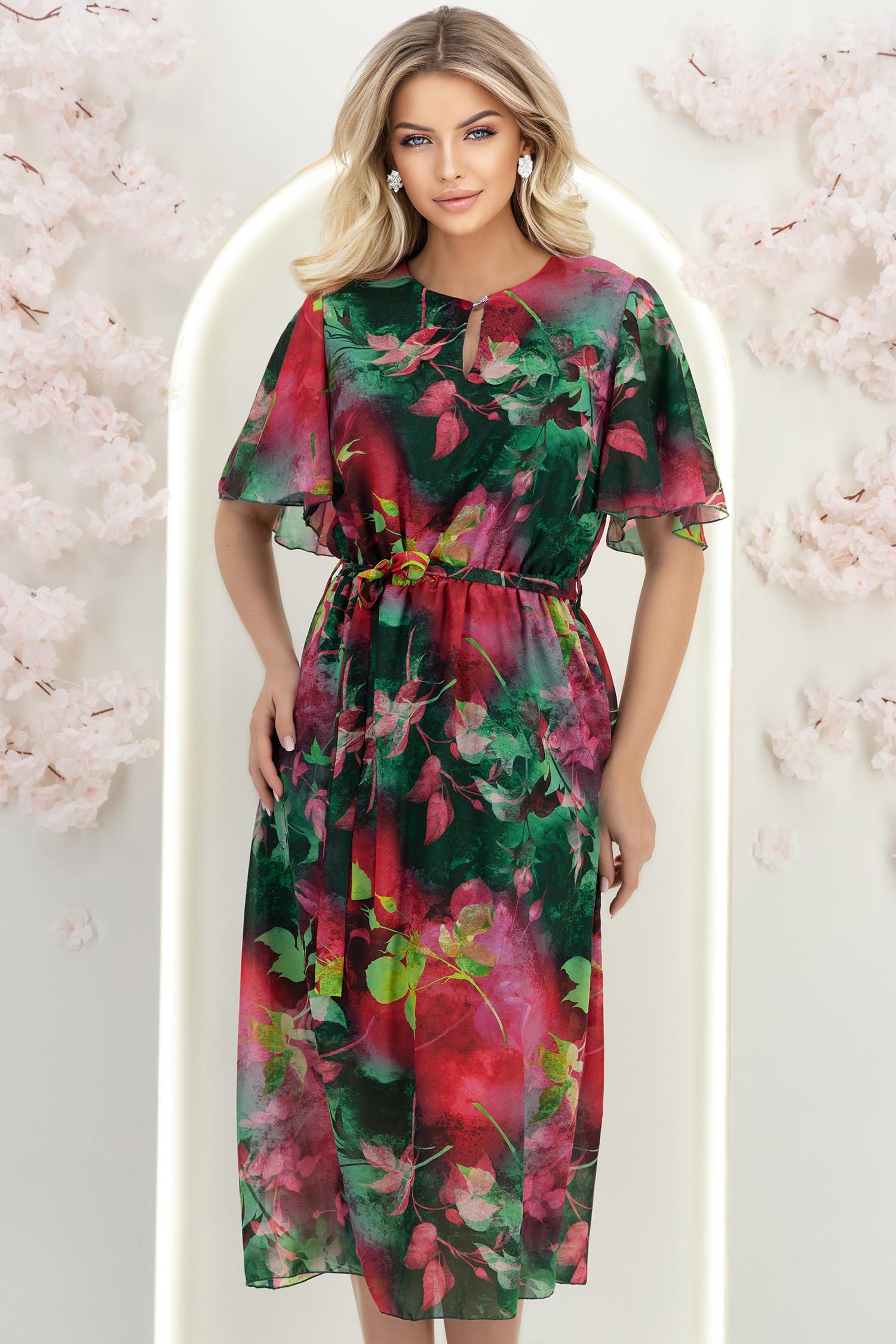 StarShinerS.ro Rochie din material fluid verde midi in clos cu elastic in talie si cordon detasabil