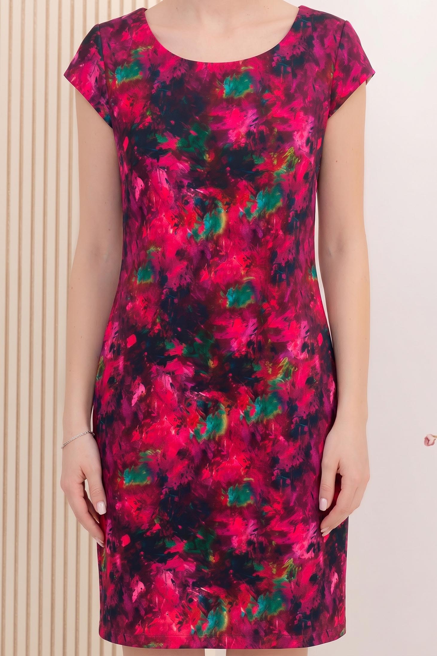 Rochie din stofa elastica visinie scurta cu un croi drept si imprimeu floral 5 - StarShinerS.ro