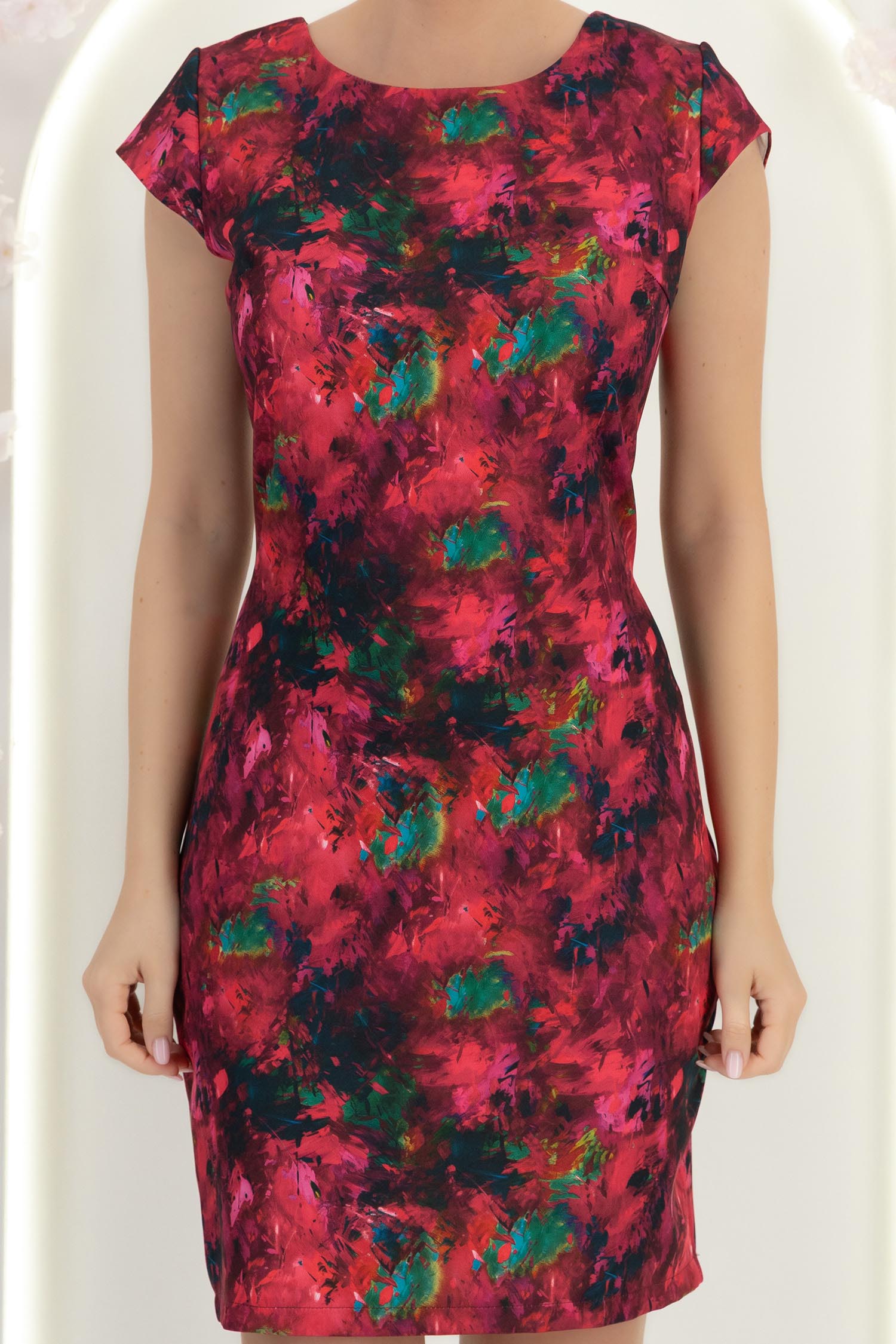 Rochie din stofa fuchsia scurta cu un croi drept si imprimeu- StarShinerS 5 - StarShinerS.ro
