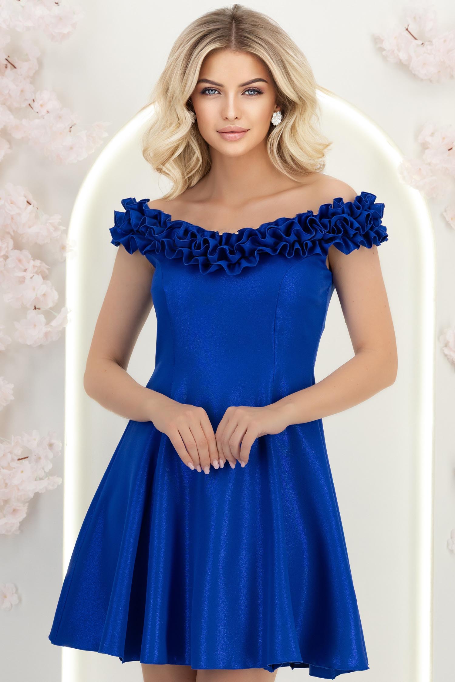 Rochie albastra cu sclipici scurta in clos cu volanase - StarShinerS 3 - StarShinerS.ro