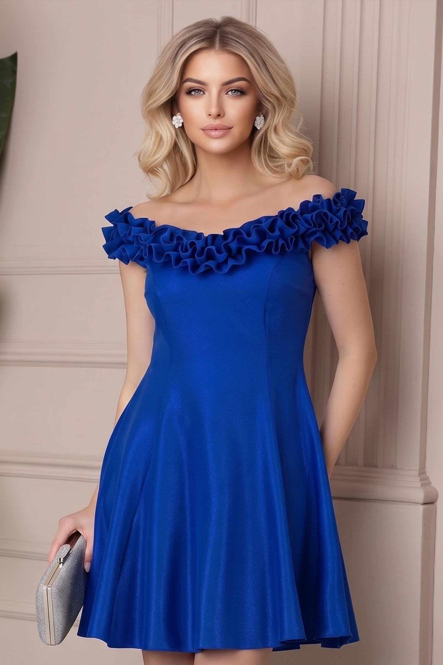 StarShinerS.ro Rochie albastra cu sclipici scurta in clos cu volanase - StarShinerS