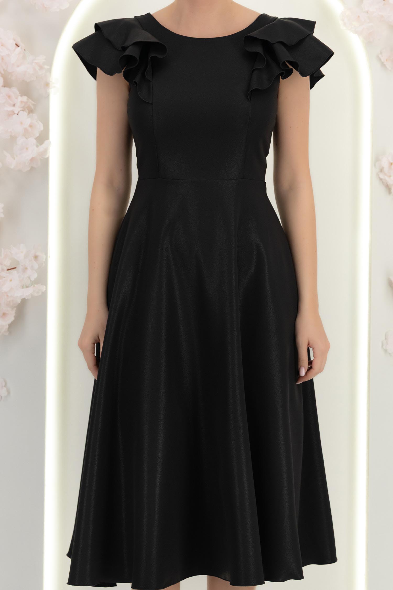 Rochie neagra cu sclipici midi in clos cu volanase - StarShinerS 6 - StarShinerS.ro