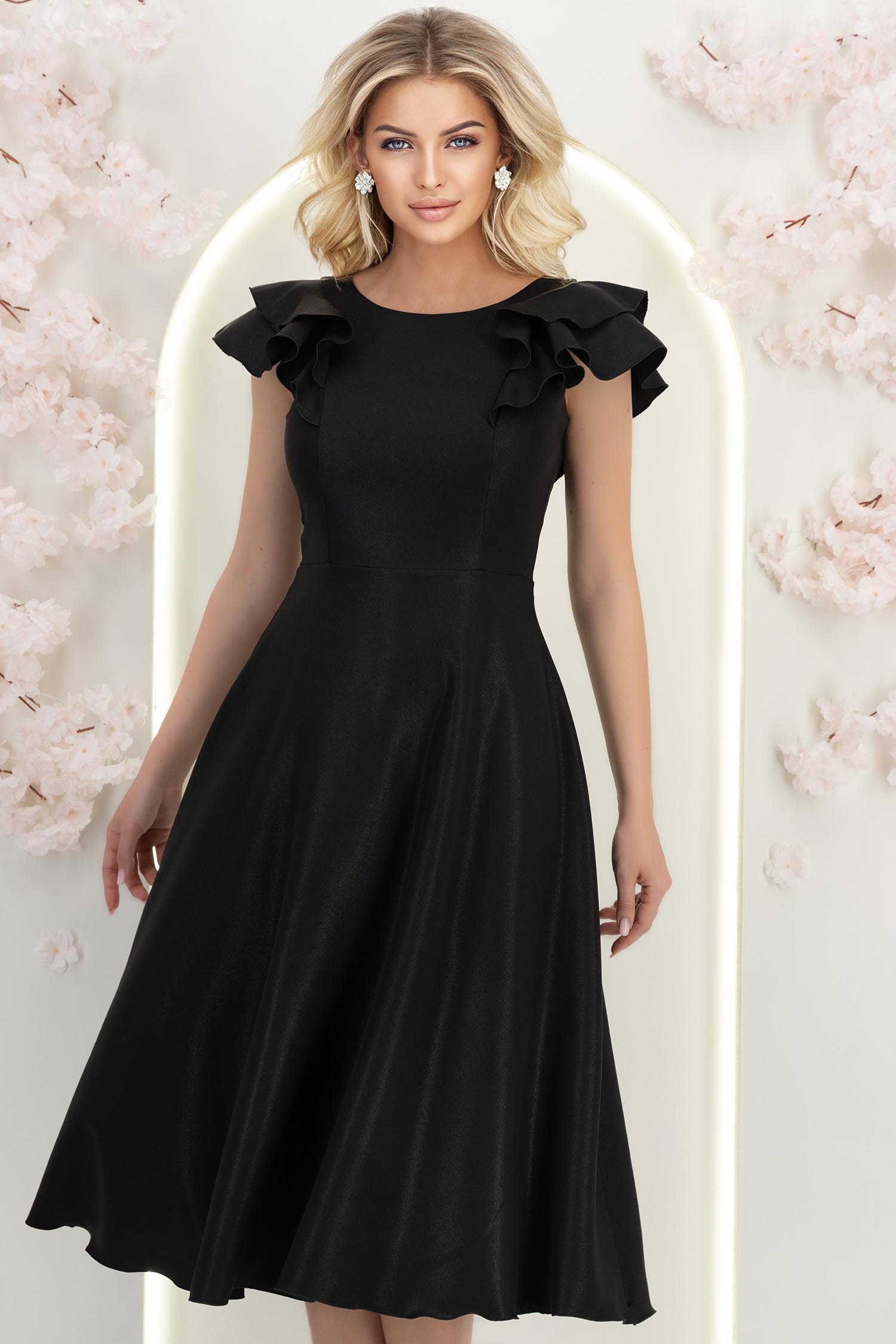 Rochie neagra cu sclipici midi in clos cu volanase - StarShinerS 3 - StarShinerS.ro