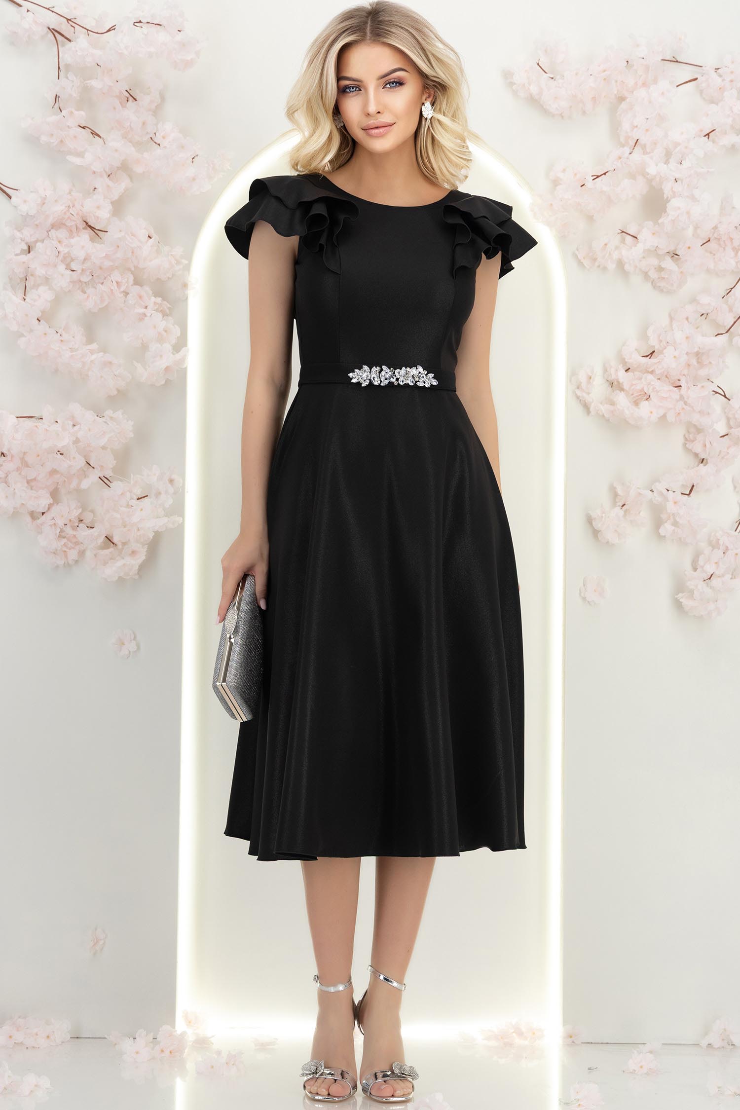 Rochie neagra cu sclipici midi in clos cu volanase - StarShinerS 4 - StarShinerS.ro