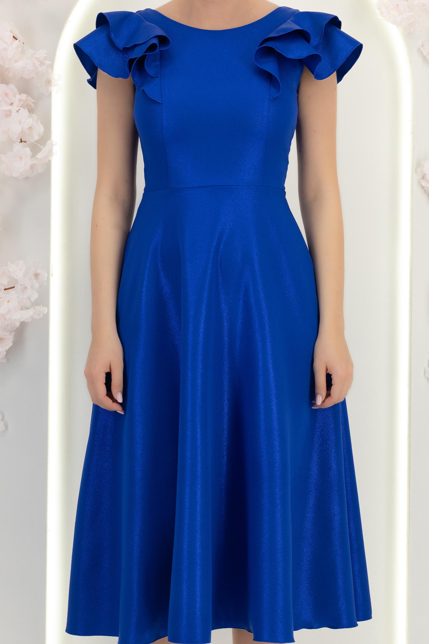 Rochie albastra cu sclipici midi in clos cu volanase - StarShinerS 6 - StarShinerS.ro