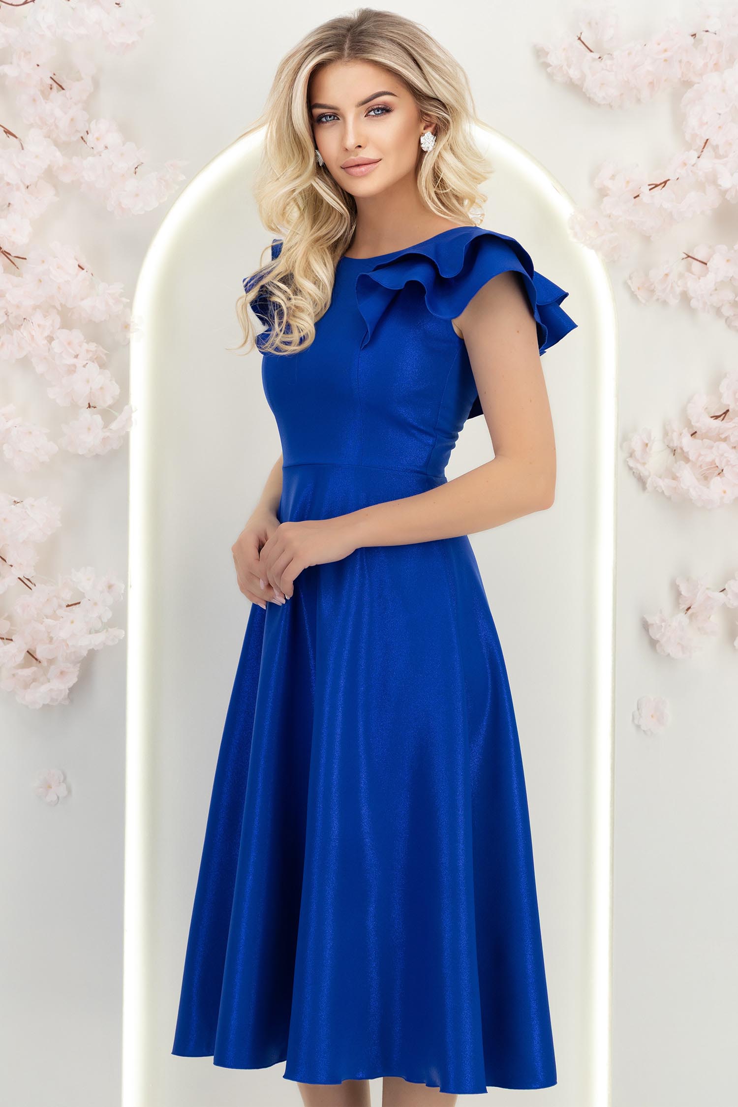 Rochie albastra cu sclipici midi in clos cu volanase - StarShinerS 2 - StarShinerS.ro