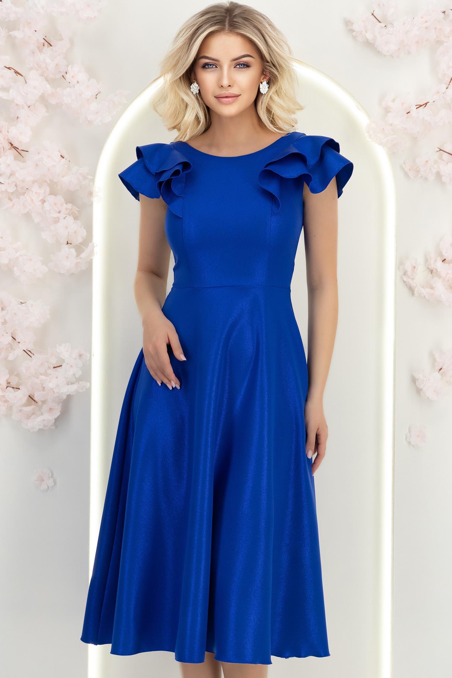 Rochie albastra cu sclipici midi in clos cu volanase - StarShinerS 3 - StarShinerS.ro