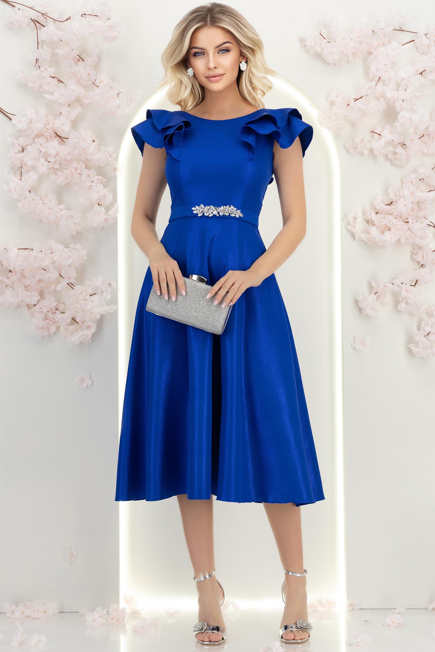 Rochie albastra cu sclipici midi in clos cu volanase - StarShinerS 4 - StarShinerS.ro