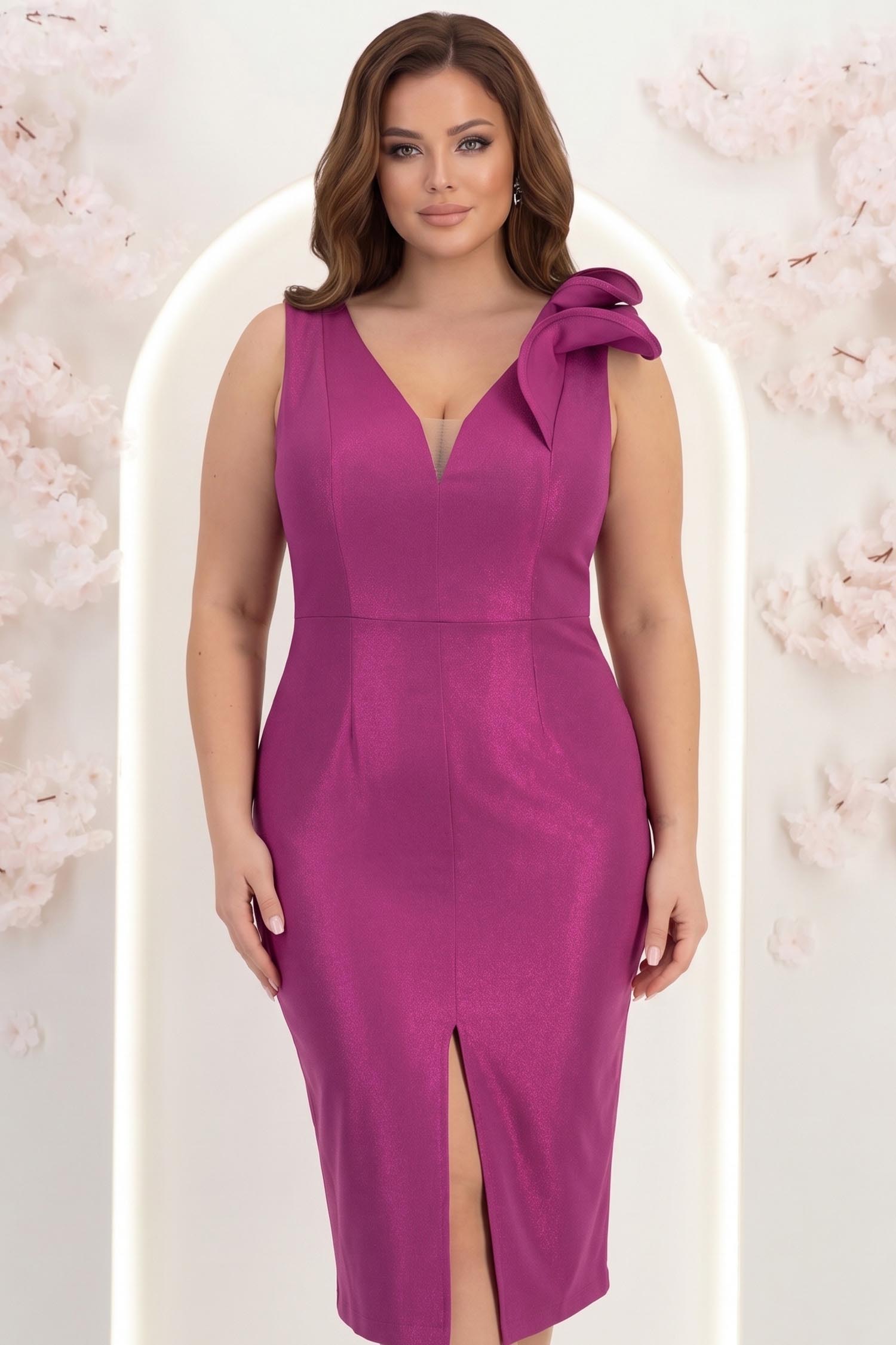 Rochie zmeura cu sclipici midi tip creion cu volanase - StarShinerS 1 - StarShinerS.ro