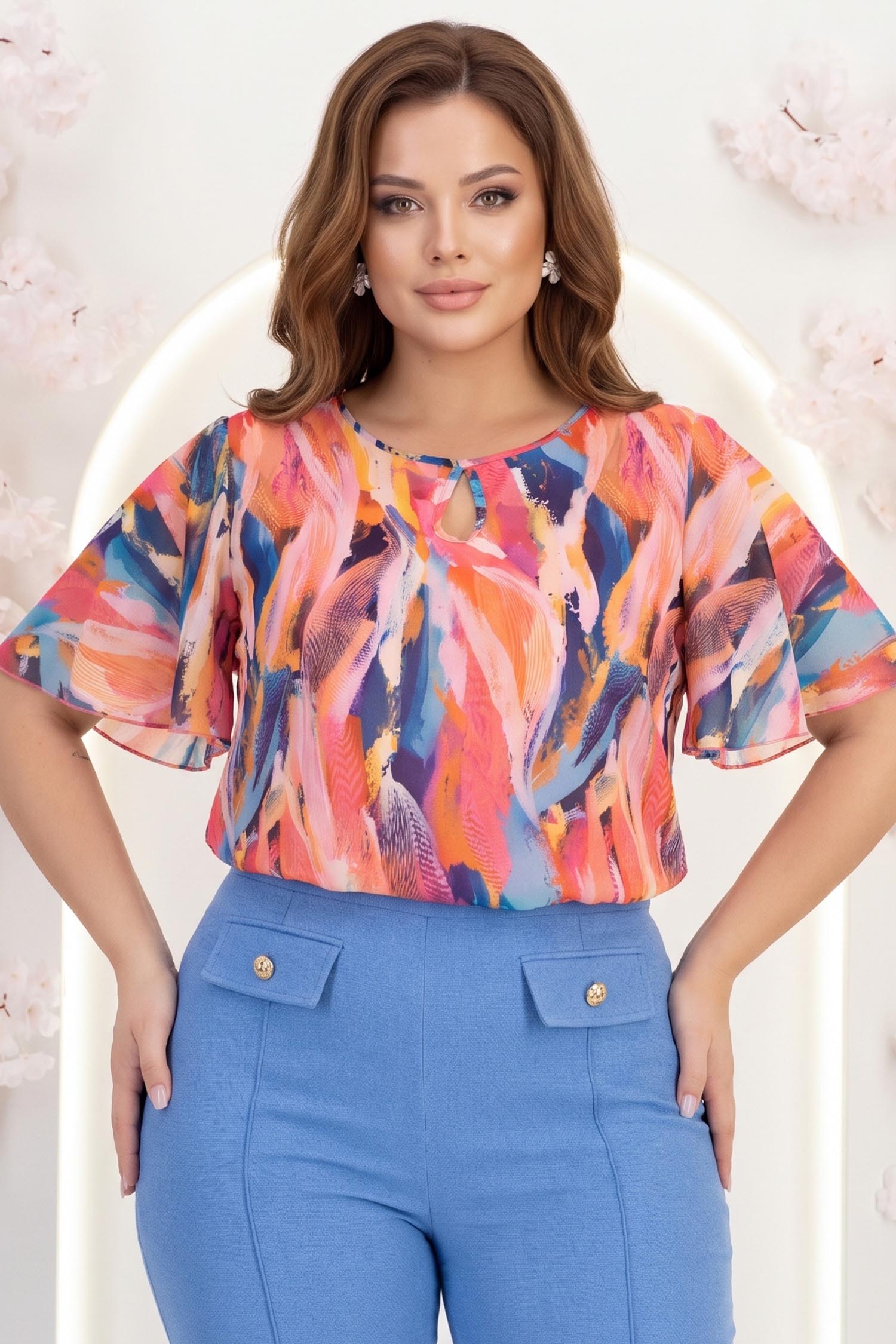 Bluza dama din voal roz cu croi larg si imprimeu - StarShinerS 1 - StarShinerS.ro